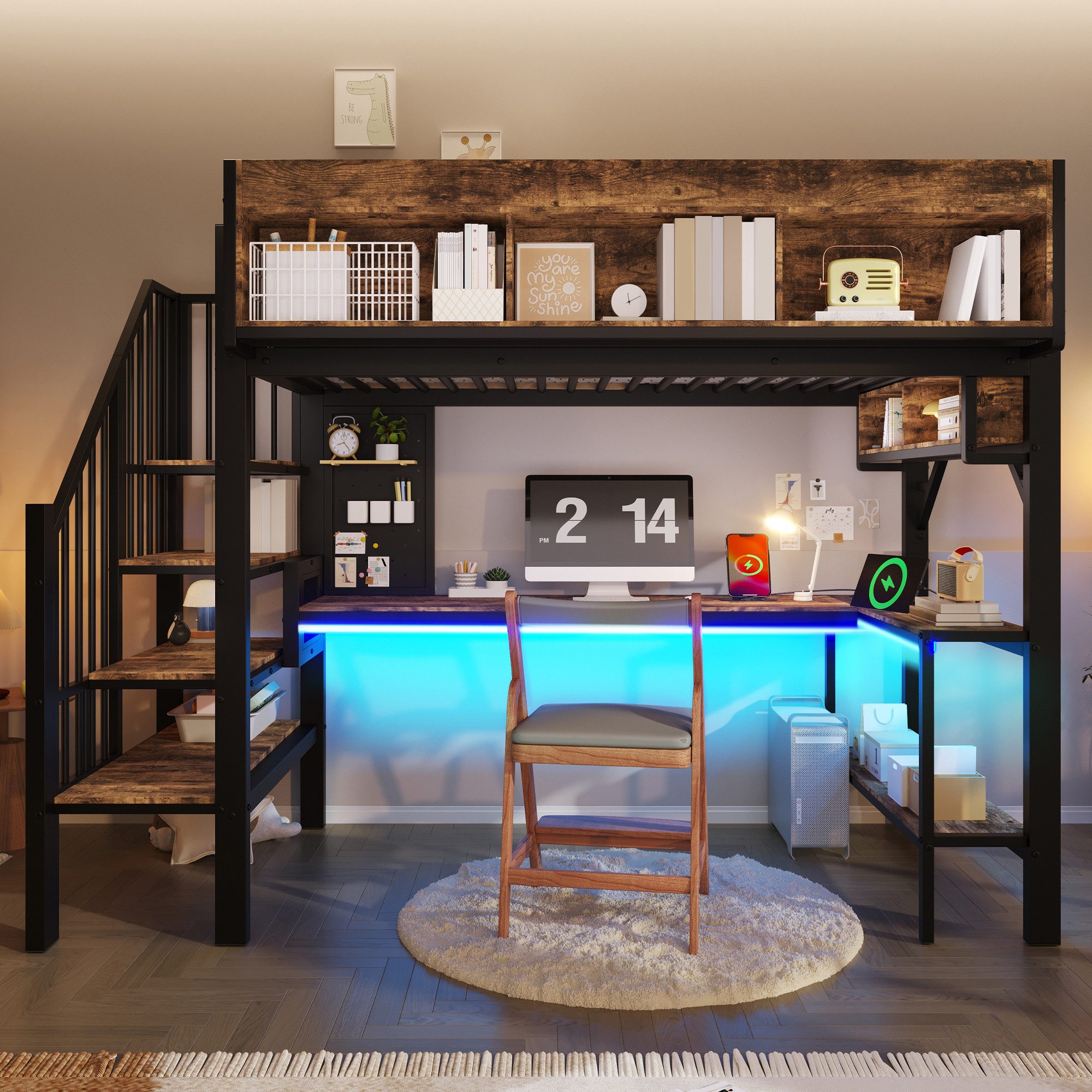 HAUSS SPOLE Hochbett 90x200 Kinderbett mit Eckschreibtisch & Lochplatte,Jugendbett mit LED (Bettgestell mit integriertem Arbeitsbereich, Stauraumtreppe und multifunktionaler Ausstattung) Vintage braun-schwarz,EU-Steckdose*2 + USB + Typ C