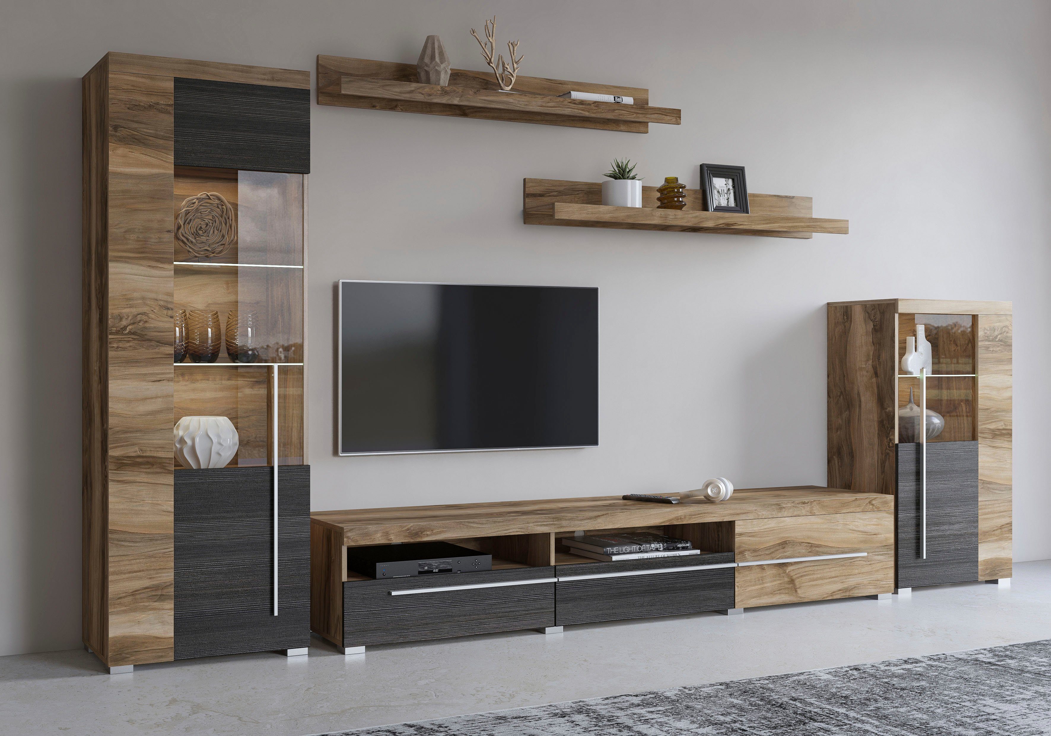OTTO home Wohnwand Roger,Breite 270 cm moderne Mediawand ohne Beleuchtung, (Set, 5-St), Anbuwand (Set,5-St) viel Stauraum, Vitrinen mit Glastür