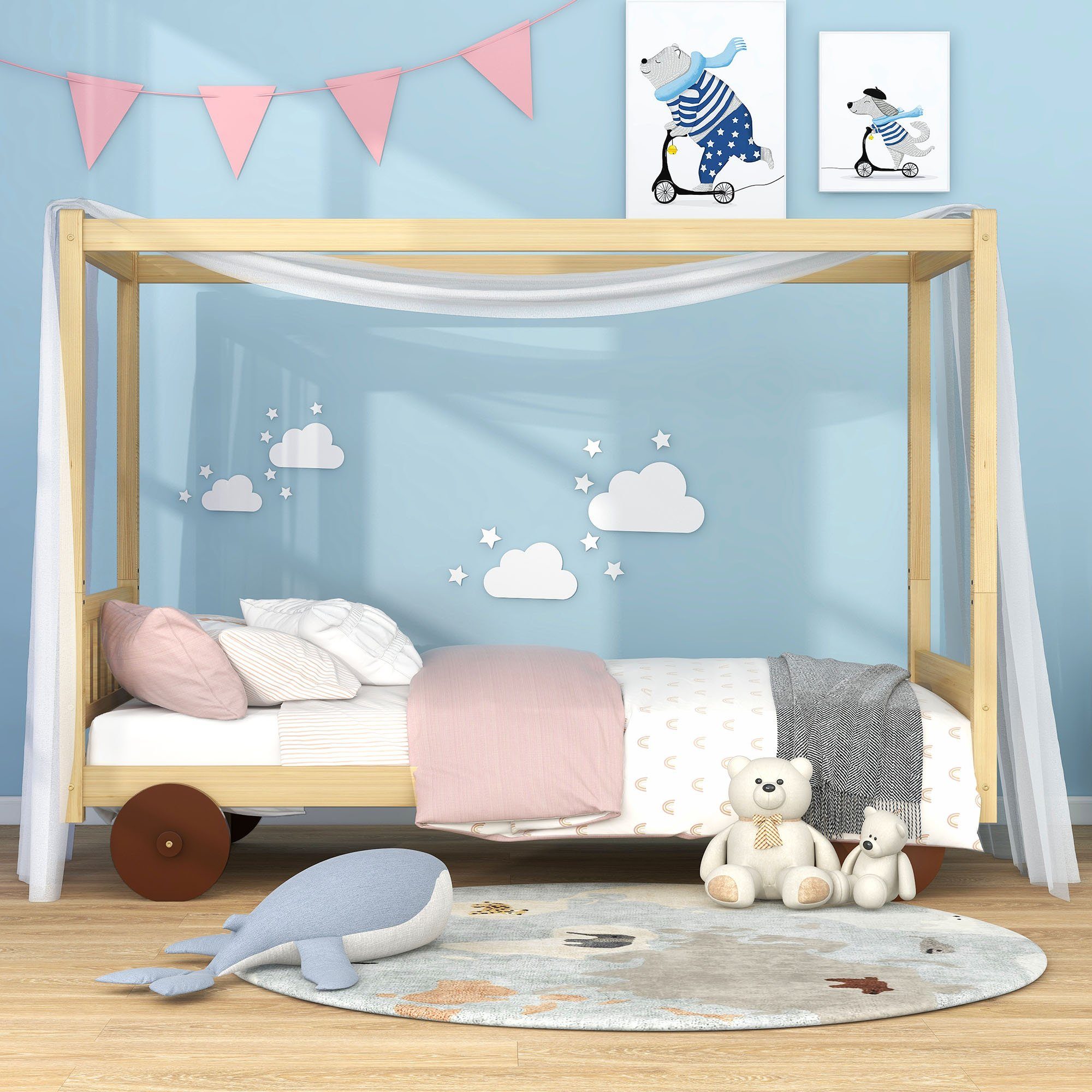 REDOM Kinderbett Jugendbett Hausbett (natur (90x200cm), kann mit  Bettvorhängen ausgestattet werden, Rahmen aus Kiefer