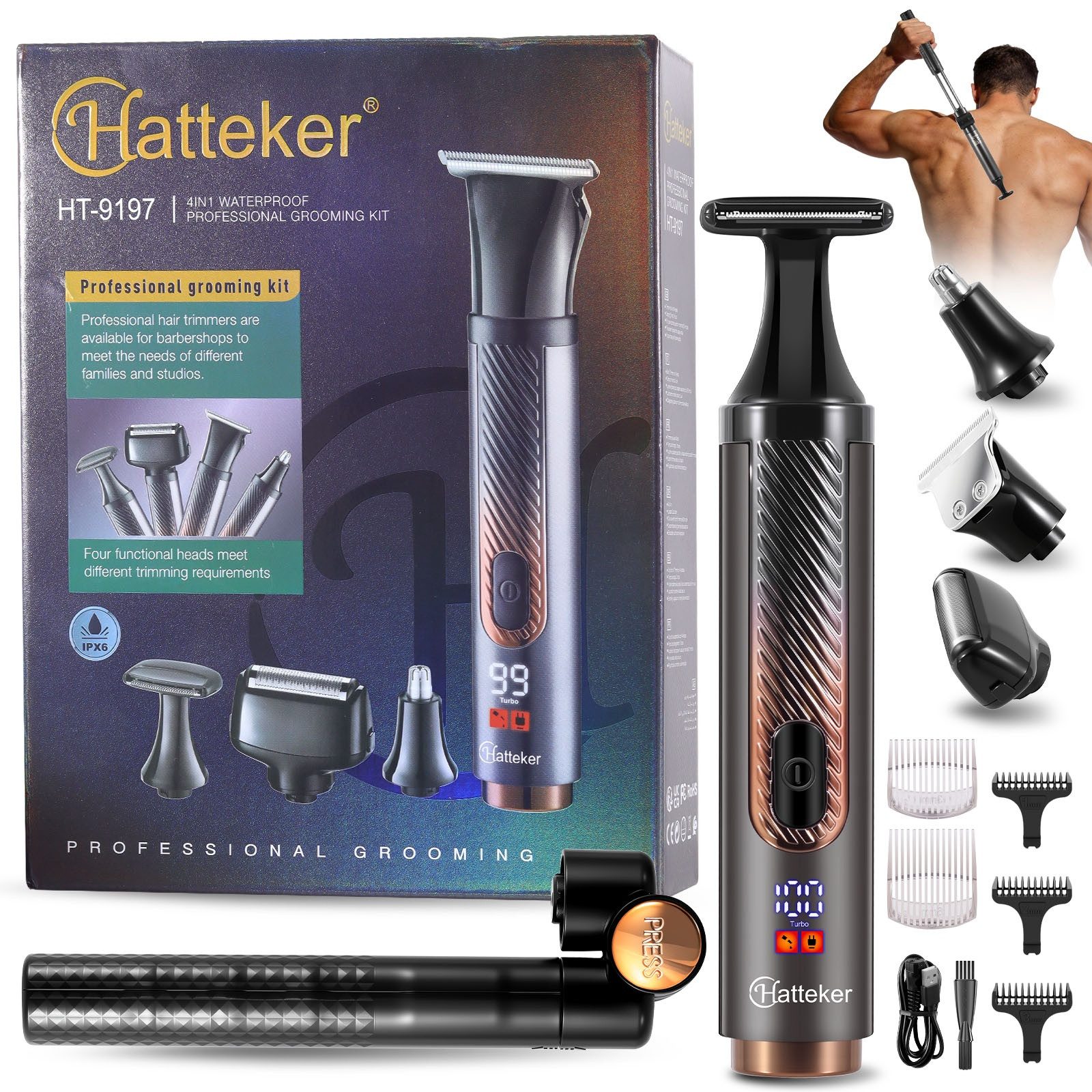 HATTEKER Elektrokörperrasierer HT-6199, Aufsätze: 1, Körperhaartrimmer, Rasierer Nasenhaarschneider Haar-/Bartschneider 4-in-1, Wet&Dry