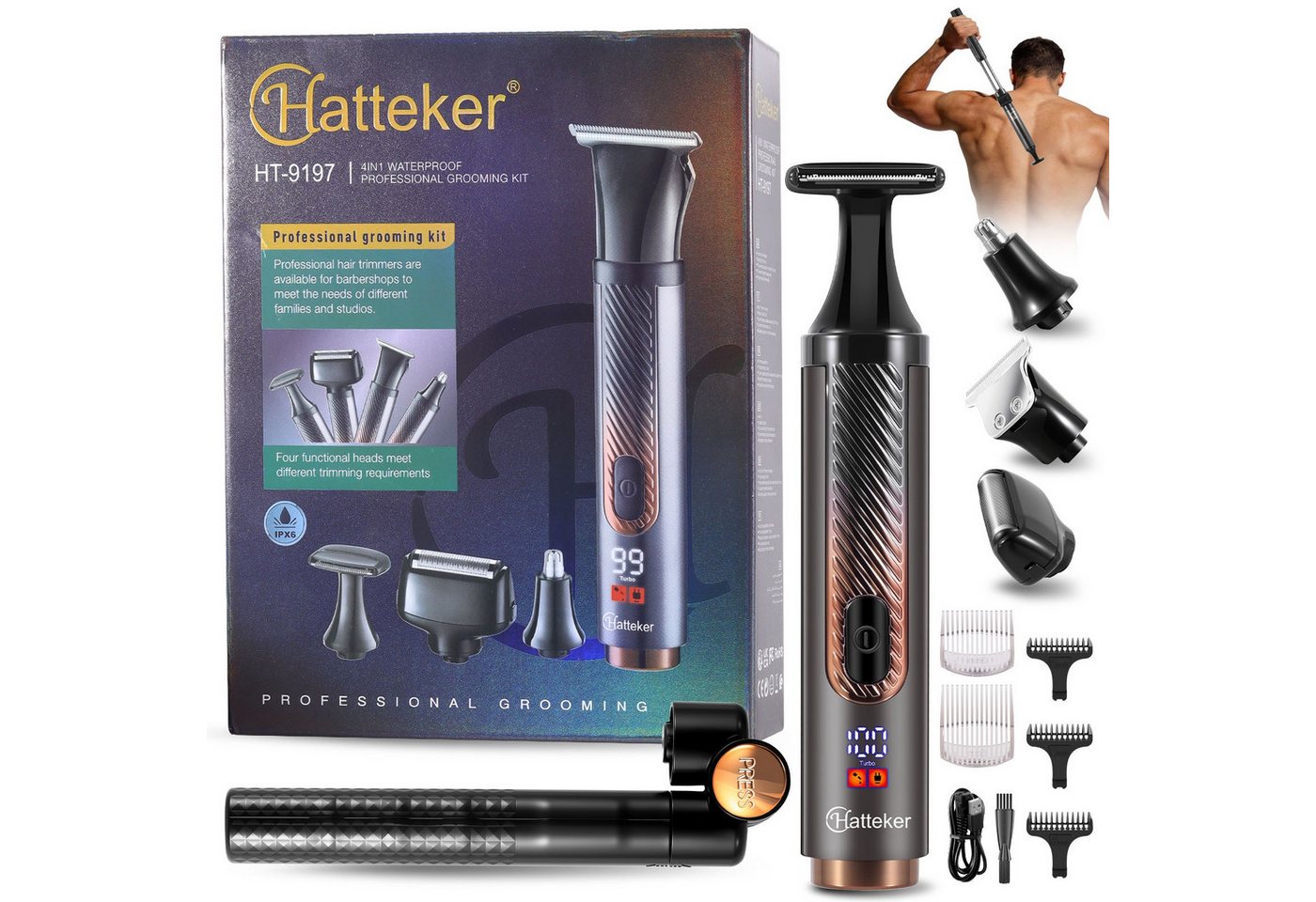 HATTEKER Elektrokörperrasierer HT-6199, Aufsätze: 1, Körperhaartrimmer, Rasierer Nasenhaarschneider Haar-/Bartschneider 4-in-1, Wet&Dry