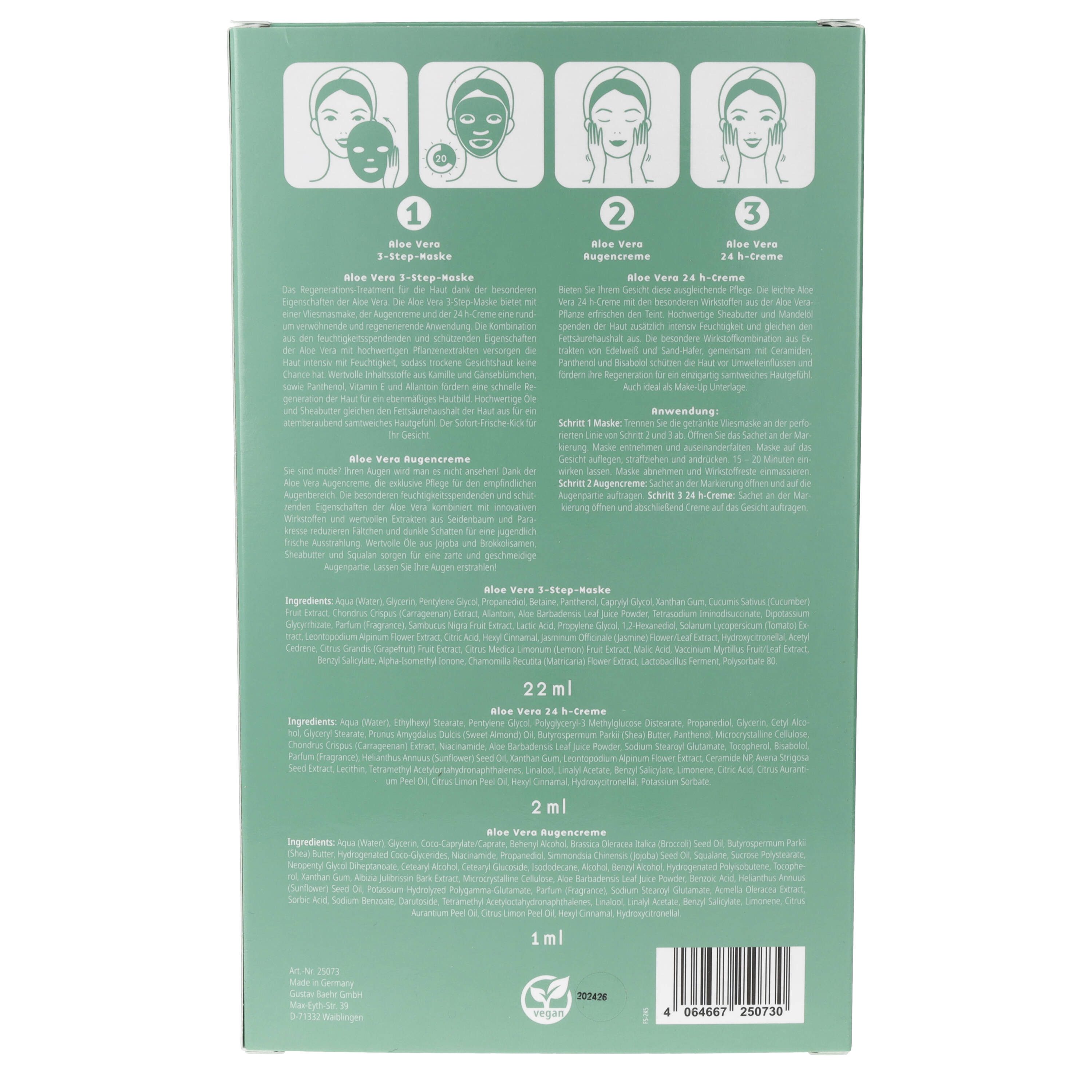 BAEHR BEAUTY CONCEPT Gesichtsmaske Baehr Beauty Concept Aloe Vera 3-Step-Masken 5 Stück Hydratisierend & regenerierend, 3-tlg., Sachets mit Maske, Augencreme und 24h-Creme