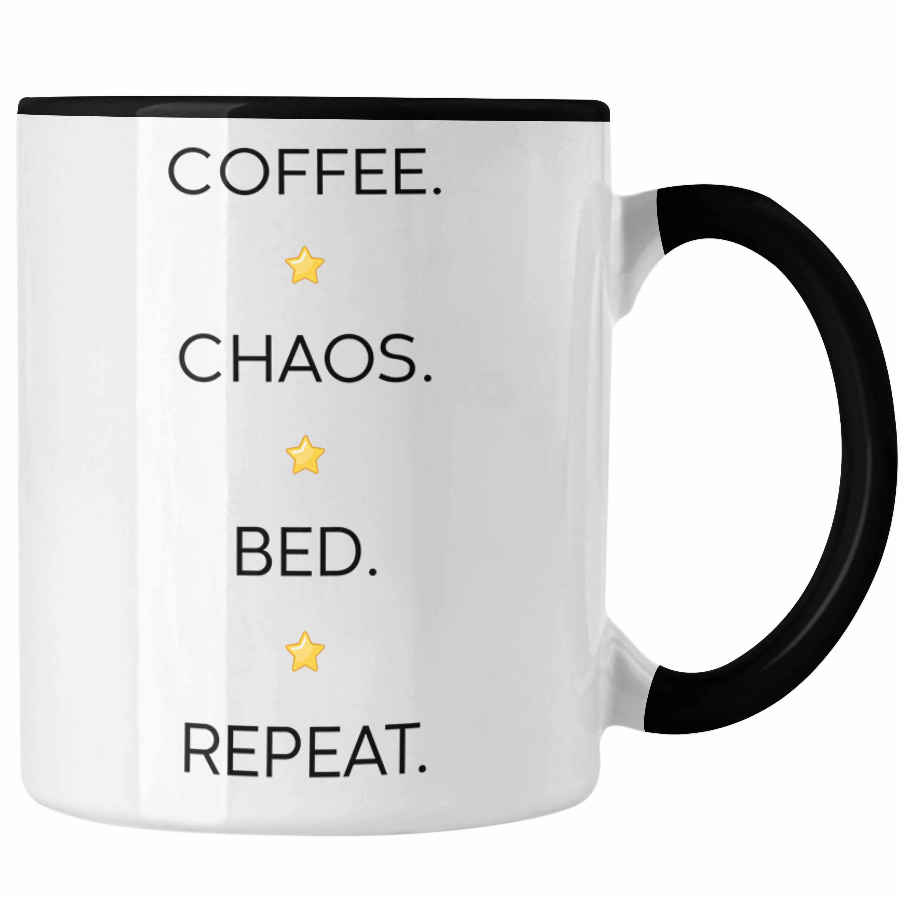 Trendation Tasse Trendation - Lustige Tasse mit Spruch für Frauen Männer Arbeit Büro Lustig Tassen Becher mit Sprüchen Kollegin Geschenk Sarkasmus Chaos Bed Repeat Schwarz