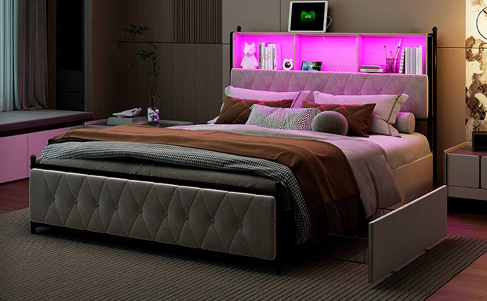 ADWOLT Polsterbett Doppelbett Stauraumbett mit 4 Schubladen und USB+Type C-Schnittstellen (Jugendbett, 1-tlg), 140x200 cm,Gepolstert,Schubladen mit Rädern,Samt