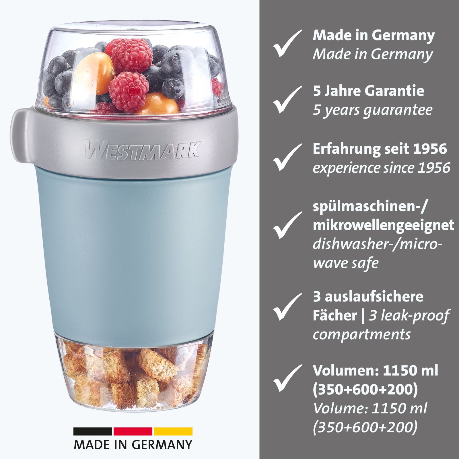 WESTMARK Mehrwegbecher, Kunststoff, (1-tlg), Müsli-, Lunchbehälter, To Go, 200 + 600 + 350 ml, Made in Germany