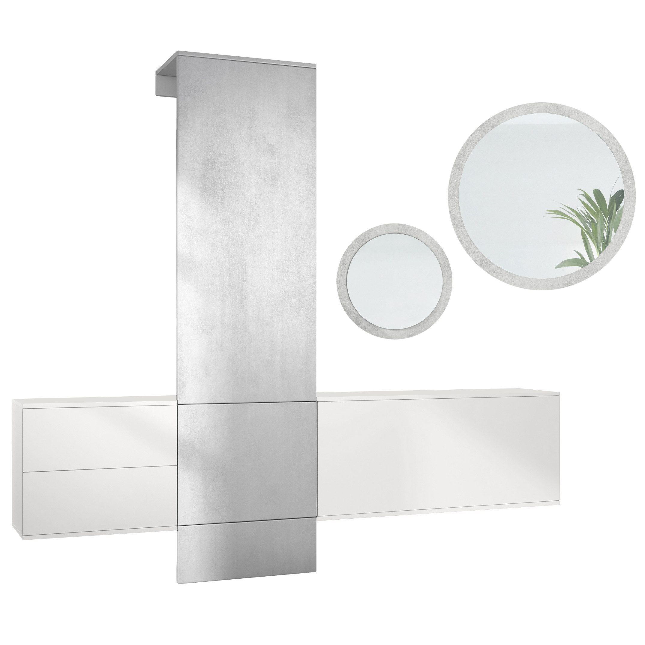Vladon Шкафы-Set DualVista, (Garderoben-Set, bestehend aus 1 Шкафыpaneel, 2 Schrank Elementen und 2 Spiegel), Weiß matt/Beton Oxid Optik