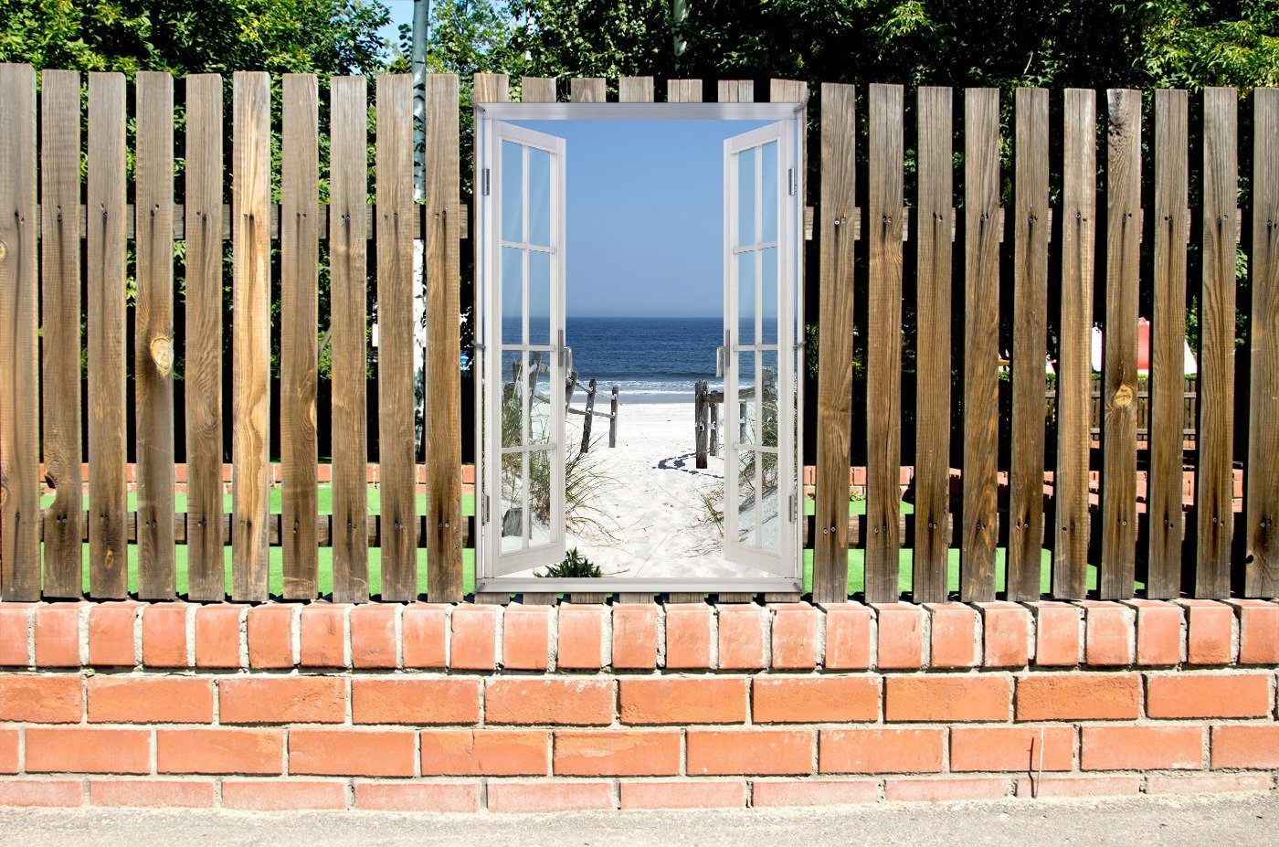 Wallario Sichtschutzzaunmatten Blick auf Strand, mit Fenster-Illusion