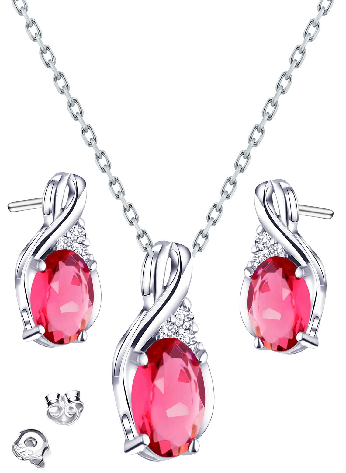 Limana Schmuckset 925 Silber rot Ohrstecker mit Halskette Anhänger Schmuck Damen Frauen (Echtschmuck Silberschmuck inkl. Dose), Ohrringe Geschenk Set Idee für Sie Ehefrau Partnerin Freundin Mutter