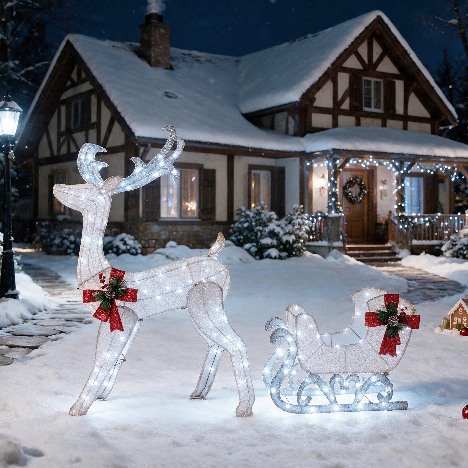 COSTWAY Weihnachtsfigur LED-Rentier mit Schlitten, Lichtschlauch, Weihnachtsdeko für Außen & Innen, Kaltweiß