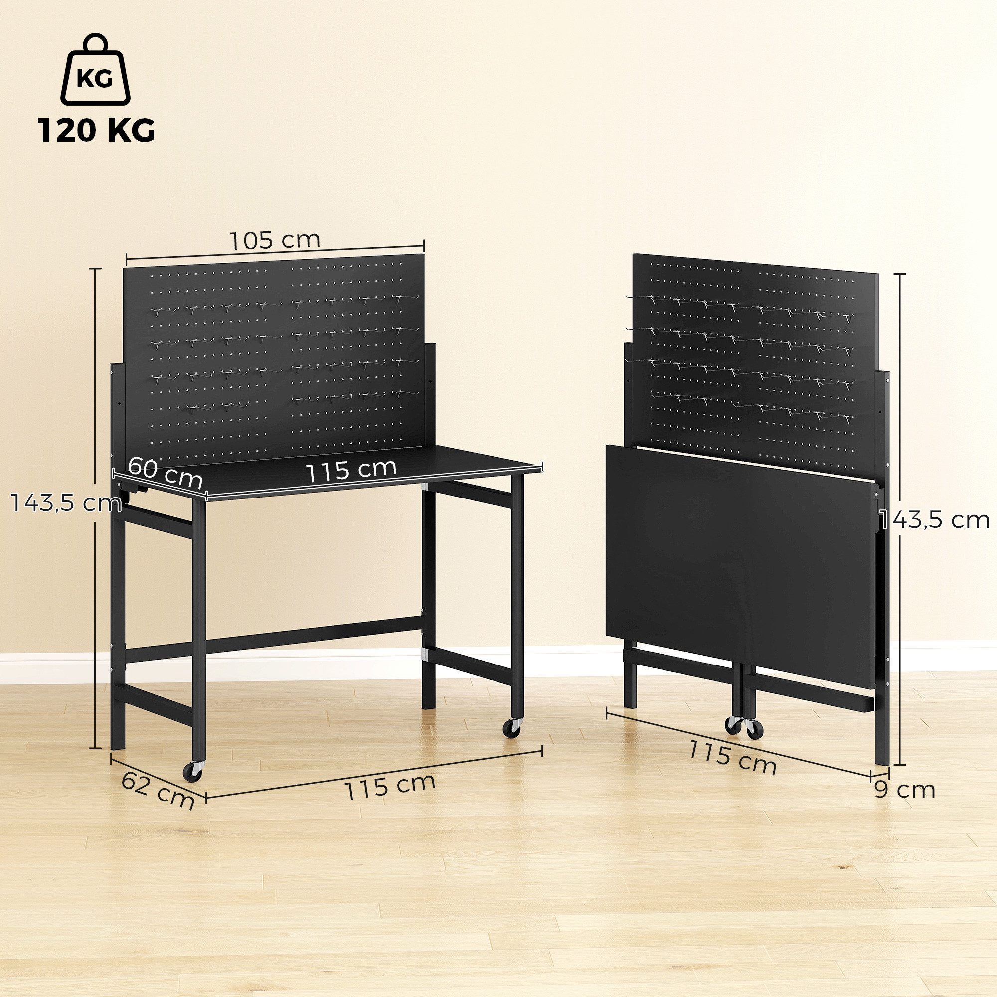 HOMCOM Werkbank, (Set, 1-tlg), Klappbar mit Lochwand und Rollen