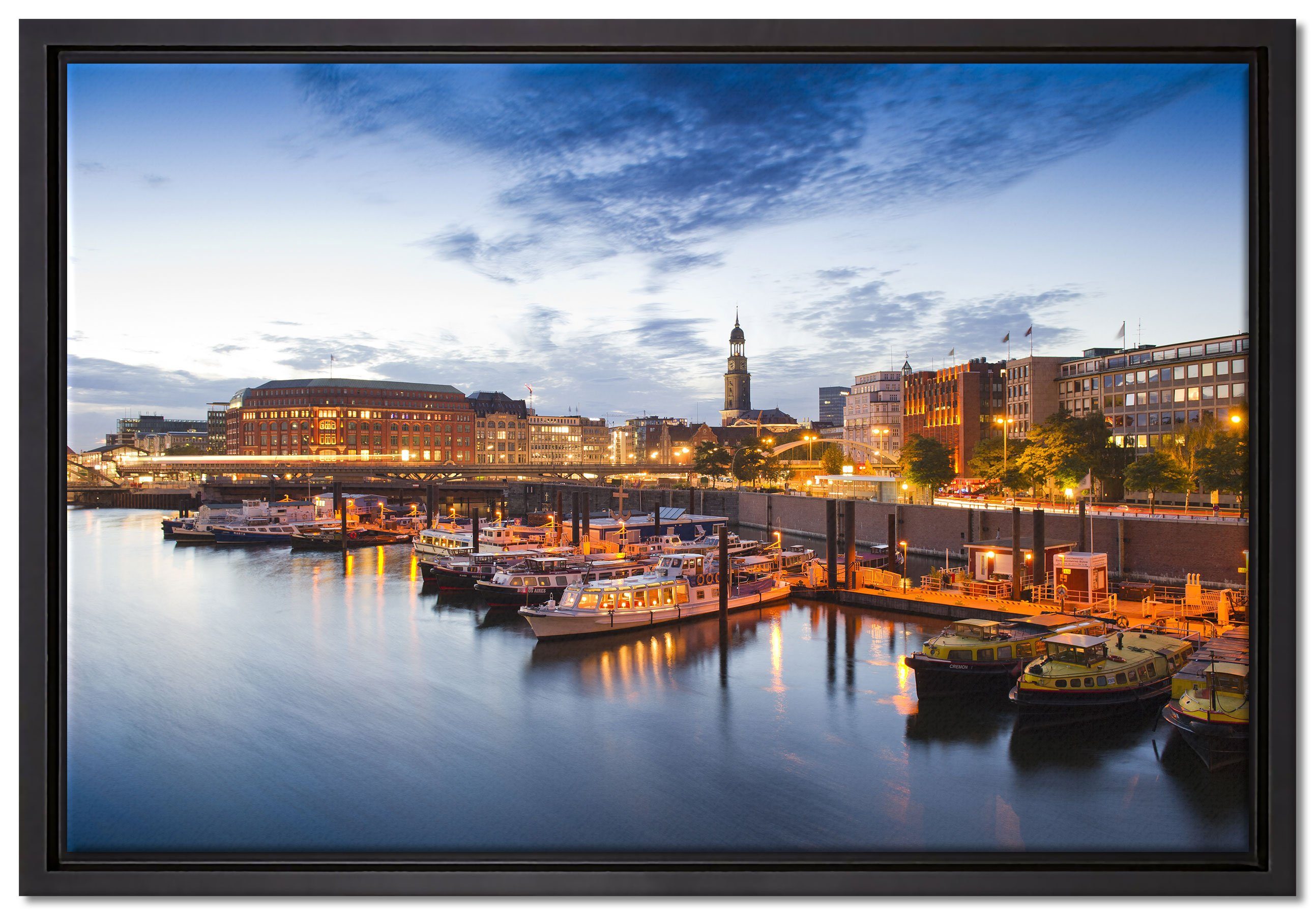 Pixxprint Leinwandbild Hamburger Hafen am Abend, Wanddekoration (1 St), Leinwandbild fertig bespannt, in einem Schattenfugen-Bilderrahmen gefasst, inkl. Zackenaufhänger