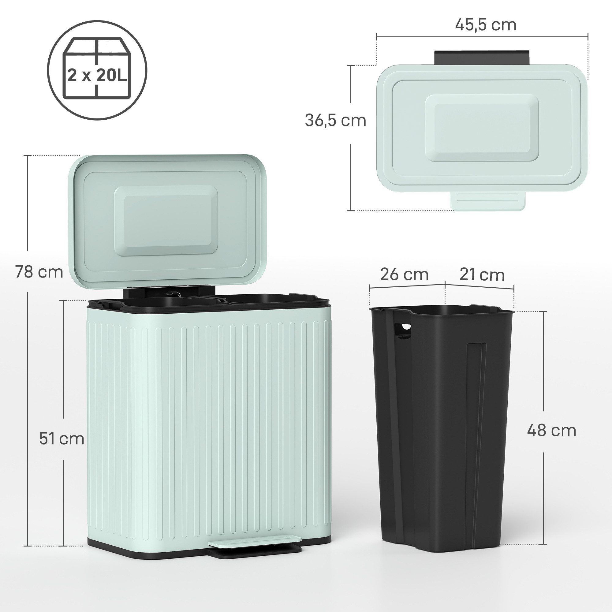 HOMCOM Mülltrennsystem Treteimer 2 x 20 L Abfalleimer Soft-Close-Deckel Offenhaltefunktion, Grün, 45,5 x 36,5 x 51 cm