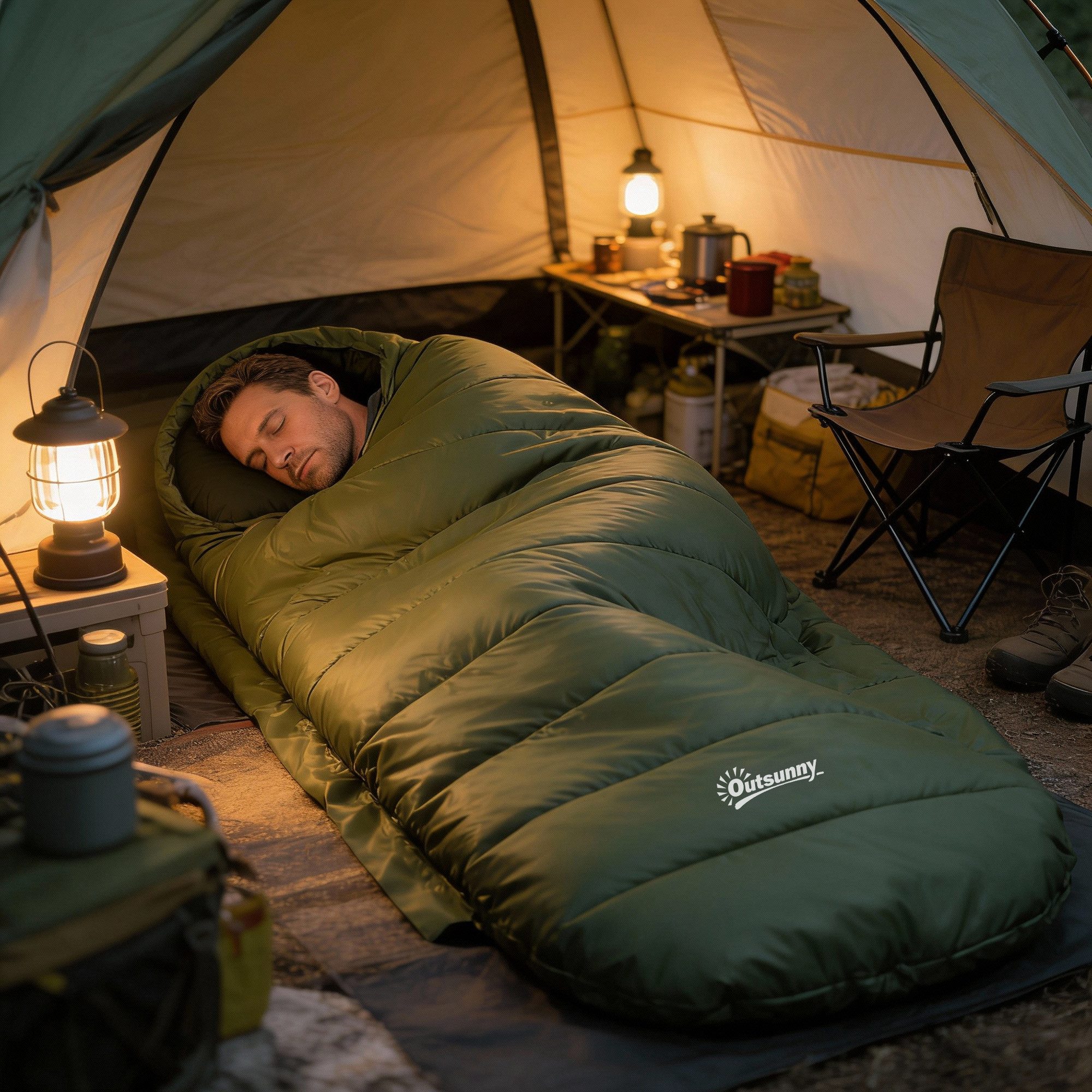 Outsunny Schlafsack wasserdicht, leicht, gefüttert, Isolierung bis -20° C (Winterschlafsack, 1 tlg., Deckenschlafsack), für Campingplatz, Dunkelgrün