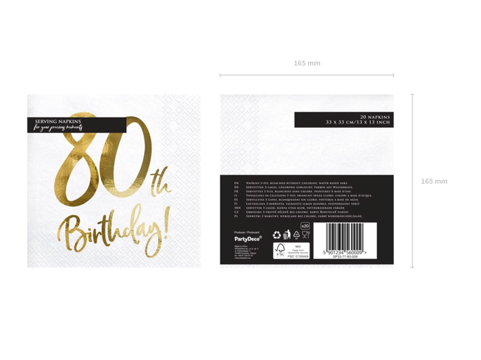 partydeco Papierserviette Servietten 'Birthday Gold' 20Stk./33x33cm, #80