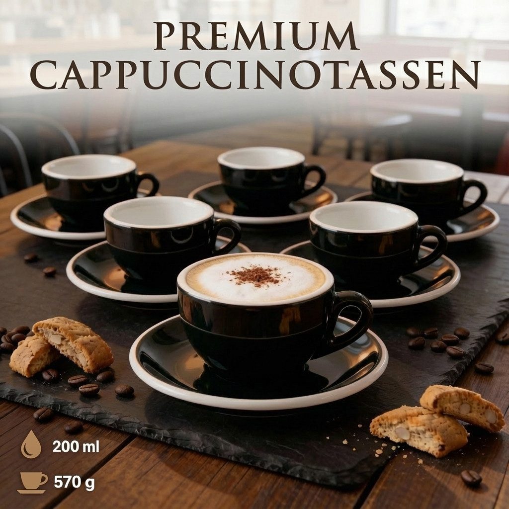 MUVELL Cappuccinotasse 6er Cappuccino-Set "Rimini" Tasse 200ml+Untertasse, schwarz, 6-tlg., Keramik, 200 ml Schwarz mit weißen Rand und Innenfläche – Bild 5 von 5