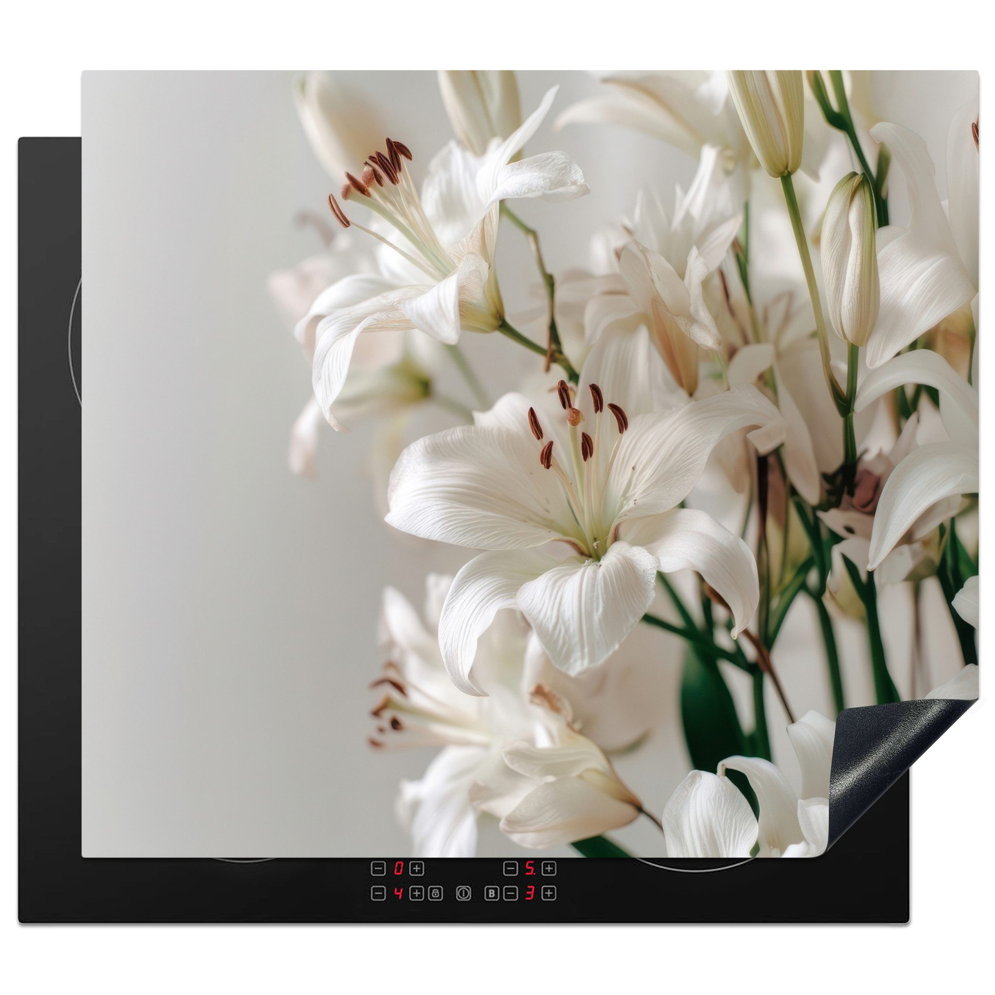 MuchoWow Herd-Abdeckplatte Lilien - Boekte - Weiß - Staubgefäße, Vinyl, (1 tlg), Abdeckplatte für Ceranfeld, Herd Inductionsmatte, 60x50 cm