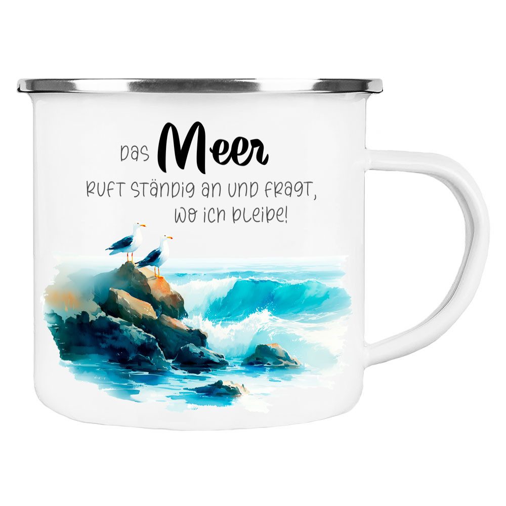 Cadouri Tasse DAS MEER RUFT Camping Emaille Tasse, Campingtasse, Metall, Campingbecher, Kaffeetasse für Camper, handgefertigt, Geschenk, 300 ml