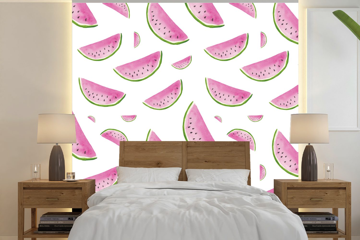 MuchoWow Fototapete Wassermelone - Aquarellfarbe - Design, Matt, bedruckt, (5 St), Vinyl Tapete für Wohnzimmer oder Schlafzimmer, Wandtapete
