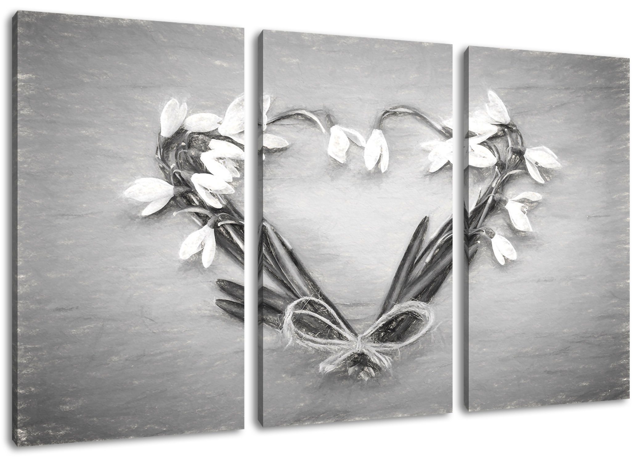 inkl. Herz (120x80cm) St), aus Leinwandbild aus Kunst Blumen fertig 3Teiler Leinwandbild Pixxprint Zackenaufhänger Kunst, bespannt, (1 Herz Blumen