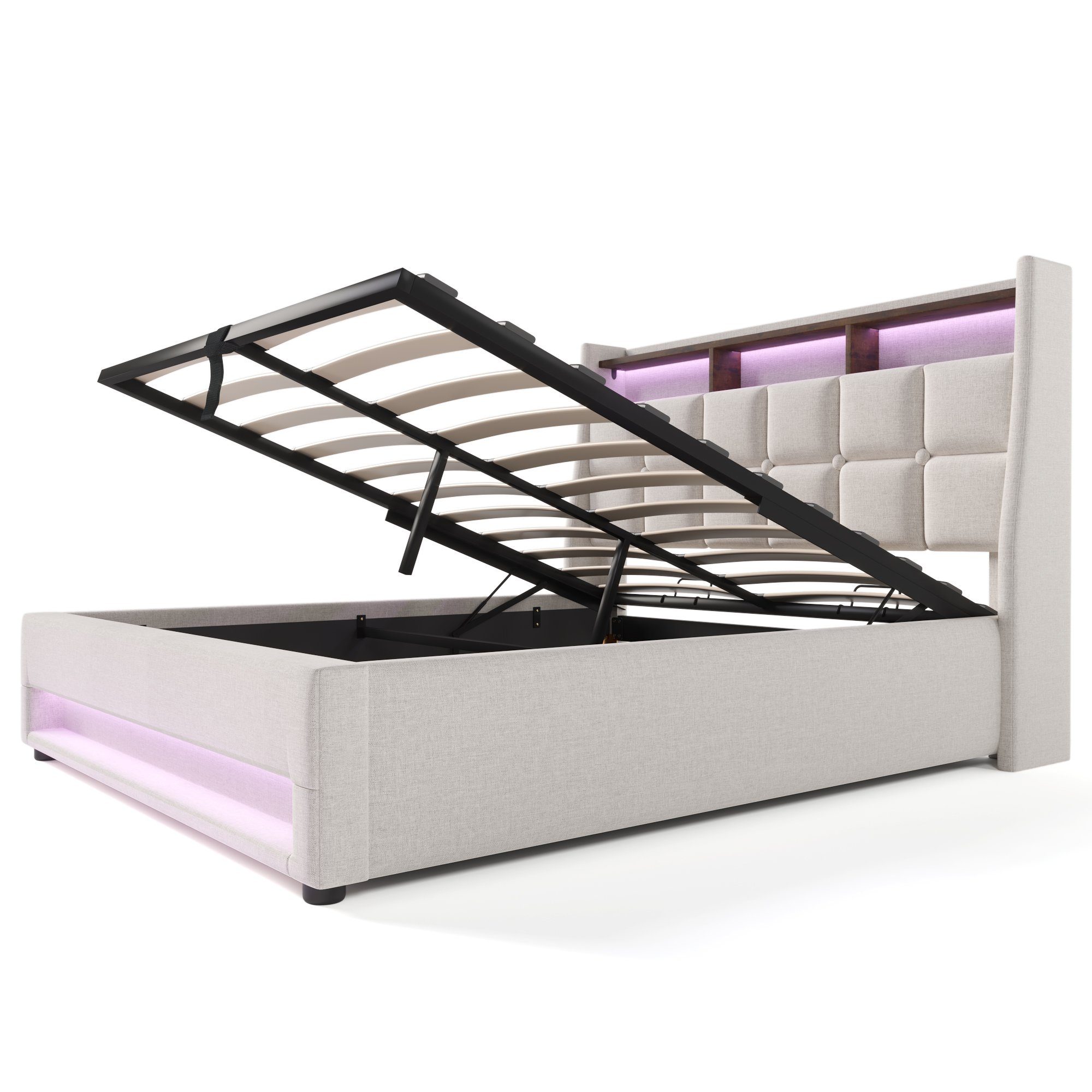 Polsterbett (Funktionsbett, 140x200 cm Hydraulisches Bett mit Lattenrost), Stauraumbett mit LED-Beleuchtung und USB-Anschluss, Baumwolle-Leinen
