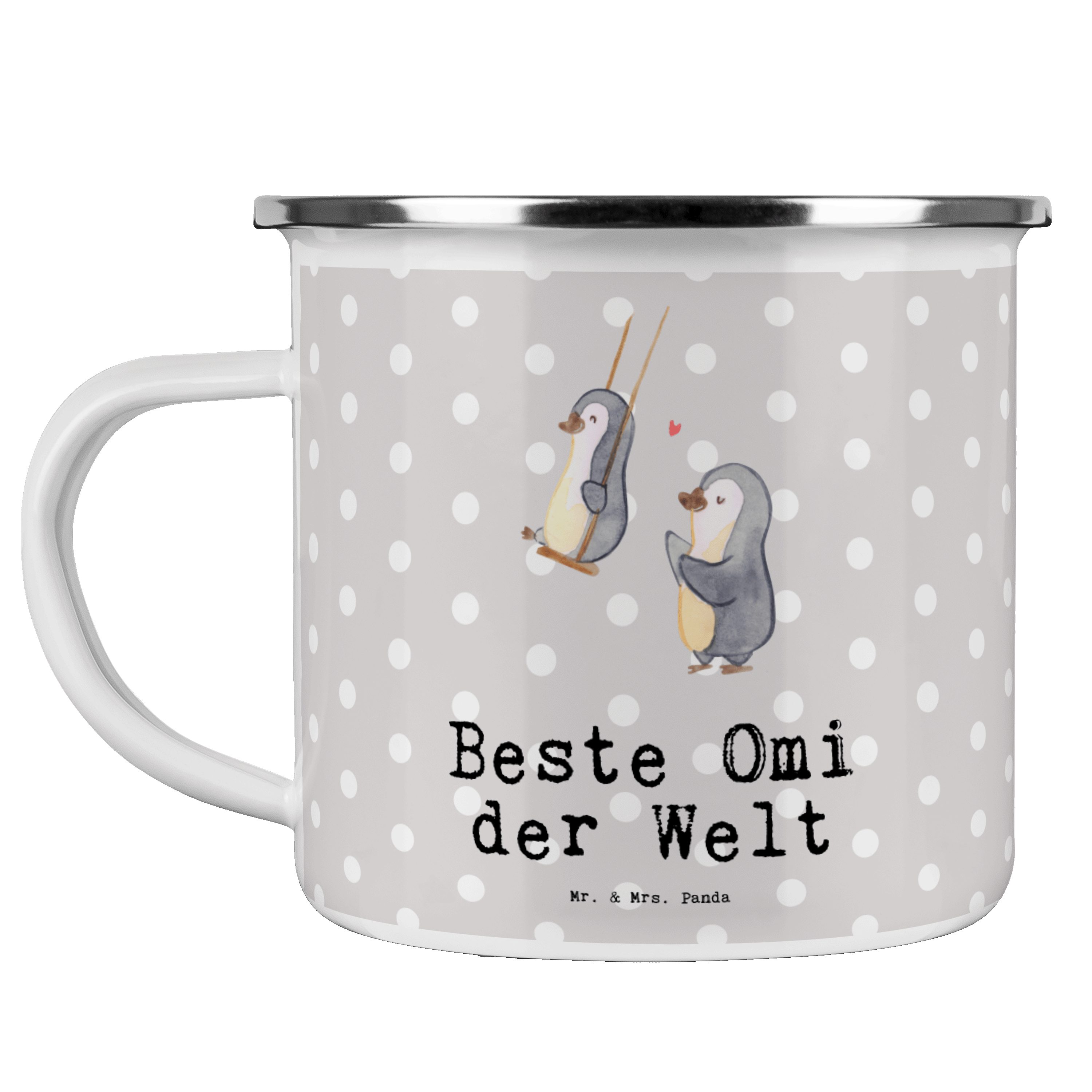Mr. & Mrs. Panda Becher Pinguin Beste Omi der Welt - Grau Pastell - Geschenk, Kaffee Blechtas, Emaille