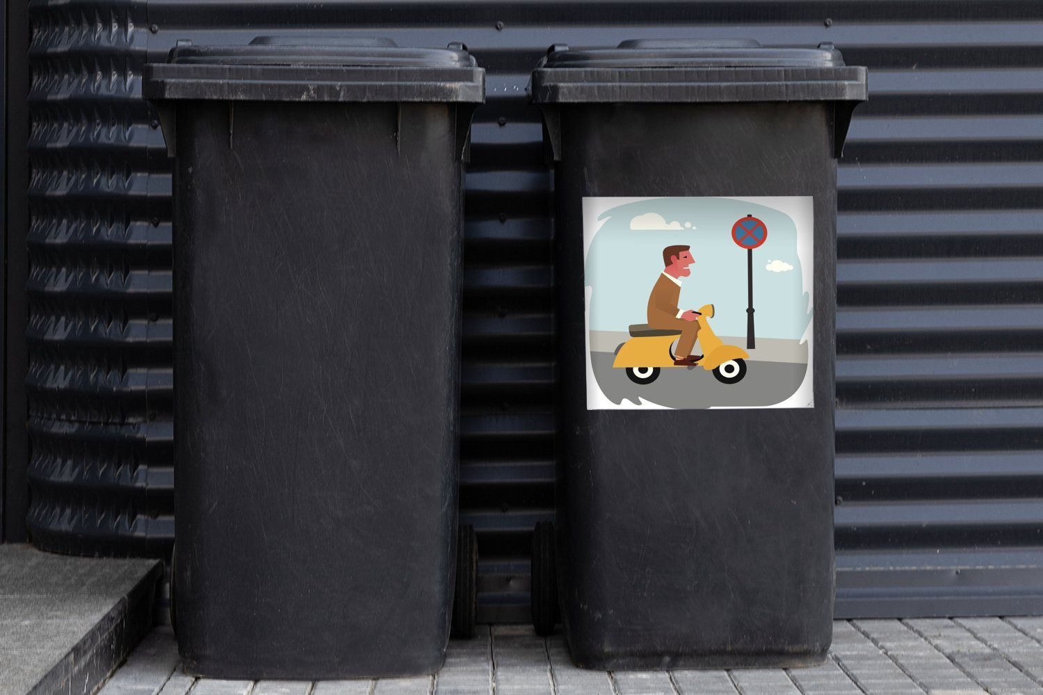 Vespa St), MuchoWow Sticker, Mannes Wandsticker eines Illustration einer Mülleimer-aufkleber, auf Mülltonne, Abfalbehälter Container, (1