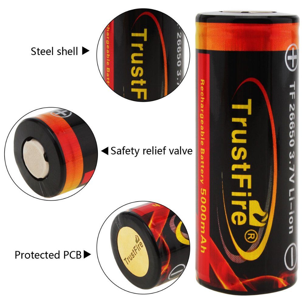 Trustfire Akku, (3,7), 26650 Batterie wiederaufladbare Li-Ion 5000mAh Akku geschützt