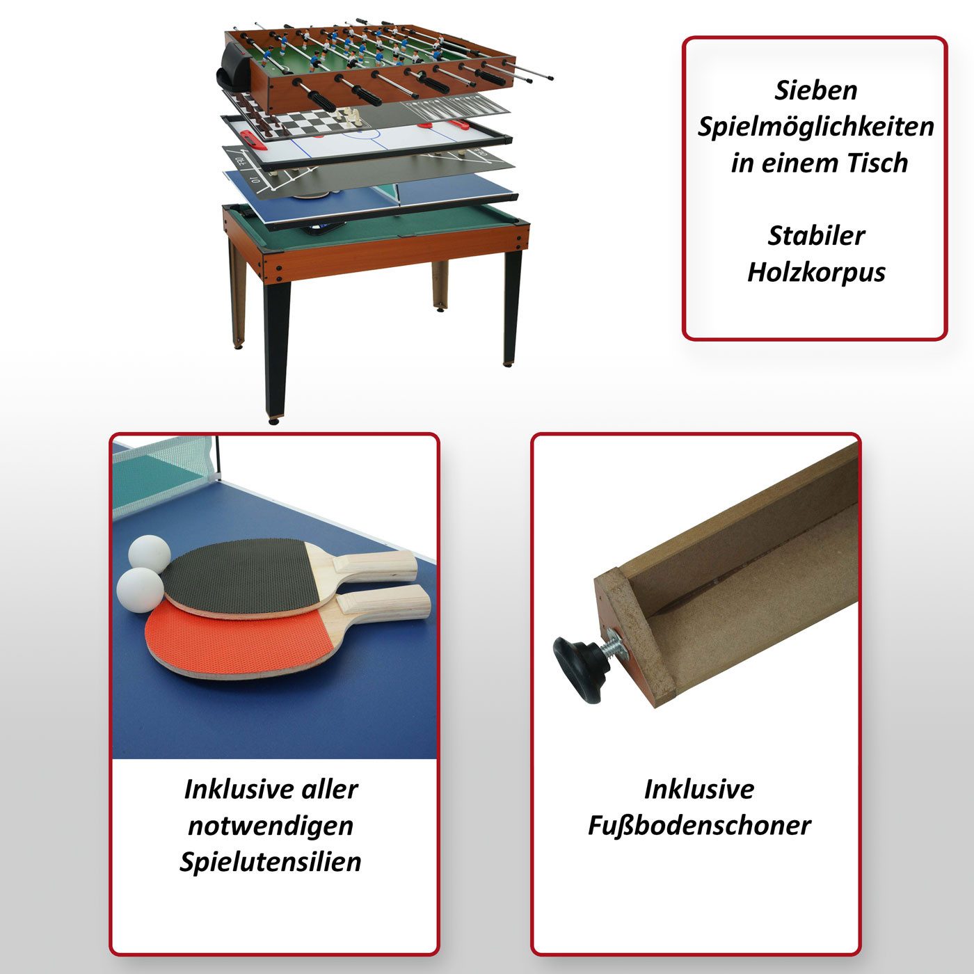 MCW Spieltisch MCW-M33, Sieben Spielmöglichkeiten in einem Tisch