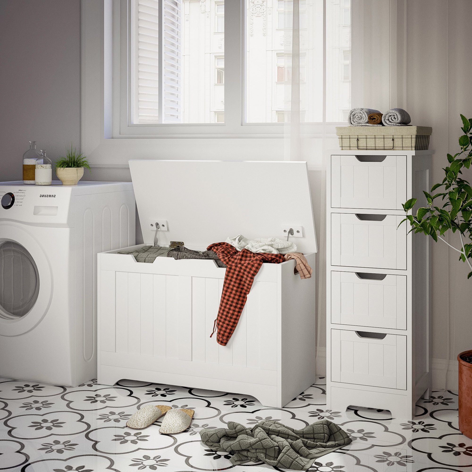 Mondeer Badkommode Badezimmerschrank, Spielzeugkiste, Sitztruhe, 72 x 48 x 36 cm, Weiß