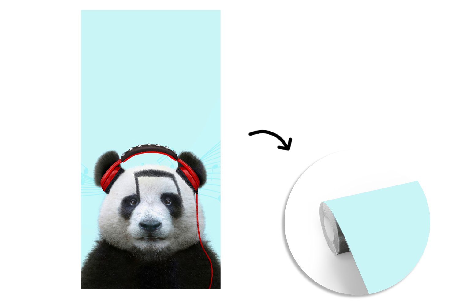 MuchoWow Fototapete Panda - Kopfhörer bedruckt, Küche, - für Musiknoten - Fototapete Rot, St), Tier Matt, (2 Vliestapete Schlafzimmer Wohnzimmer 