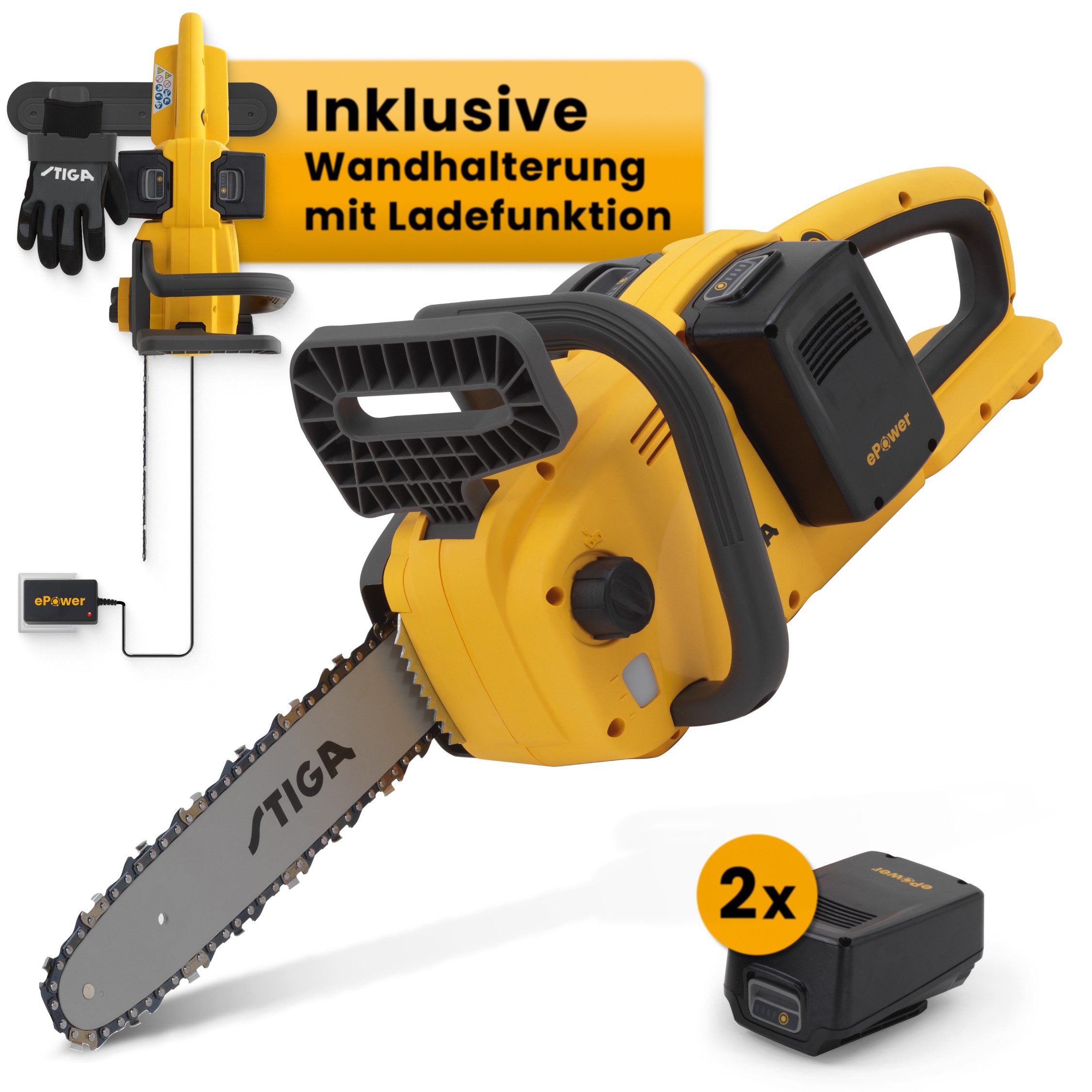 STIGA GARDEN Akku-Kettensäge CS 300e, 30 cm Schwertlänge, 12" Schwert, inkl. 2x 4 Ah Akku und Ladegerät