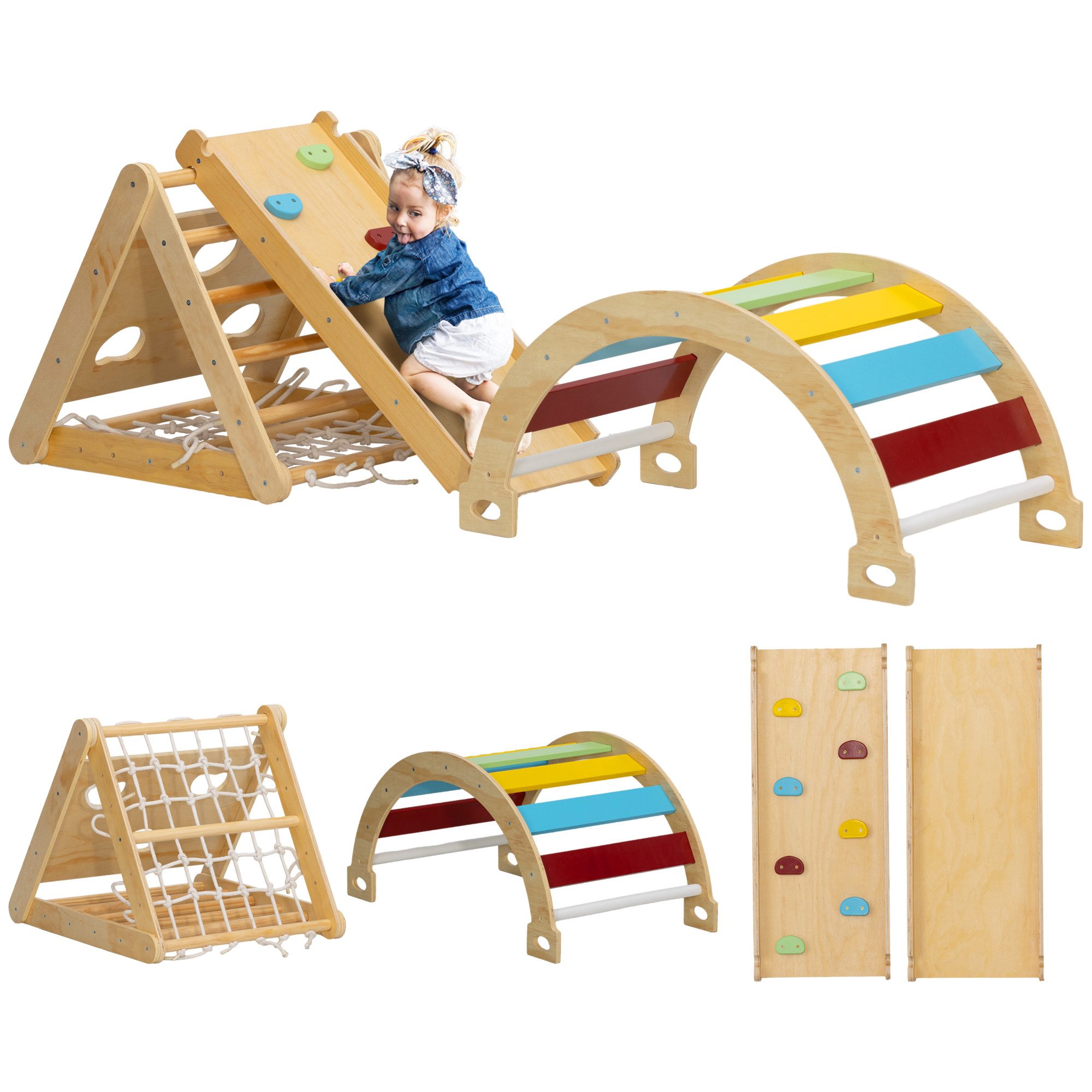 AIYAPLAY Klettergerüst mit Rutsche, Kletterbogen, Rampe, Kletternetz, Kletterstein, (7 in 1 Kletterdreieck, 1-St., Indoor Spielplatz aus Holz), für Kinder von 1,5-4 Jahre, Mehrfarbig