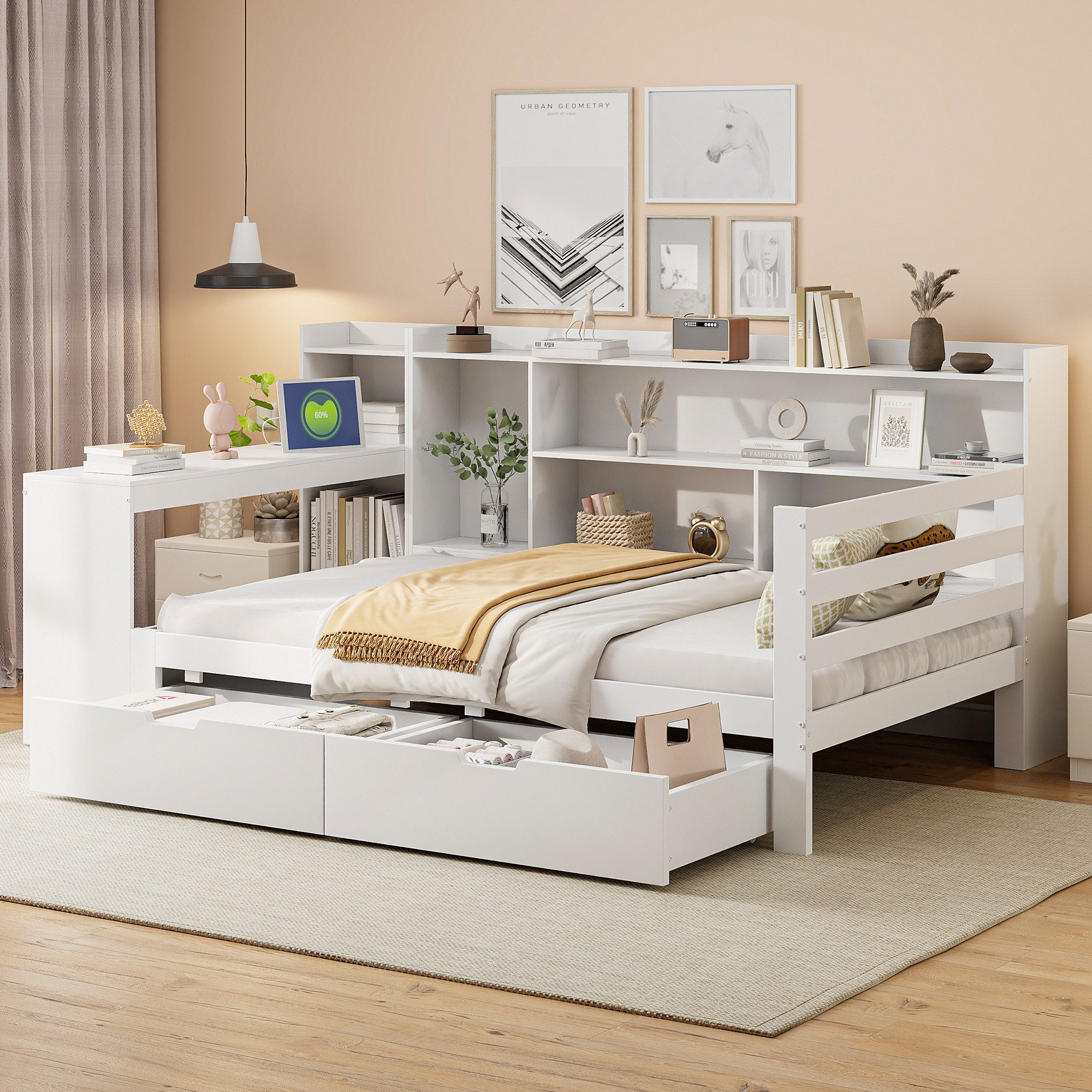 Merax Daybett mit USB-Ladeanschluss (Multifunktionales Schlafsofa Tagesbett aus Massivholz, 1 tlg), Kinderbett mit Ablagefächern, Schreibtisch und Regalen, 90x2 – Bild 3 von 5