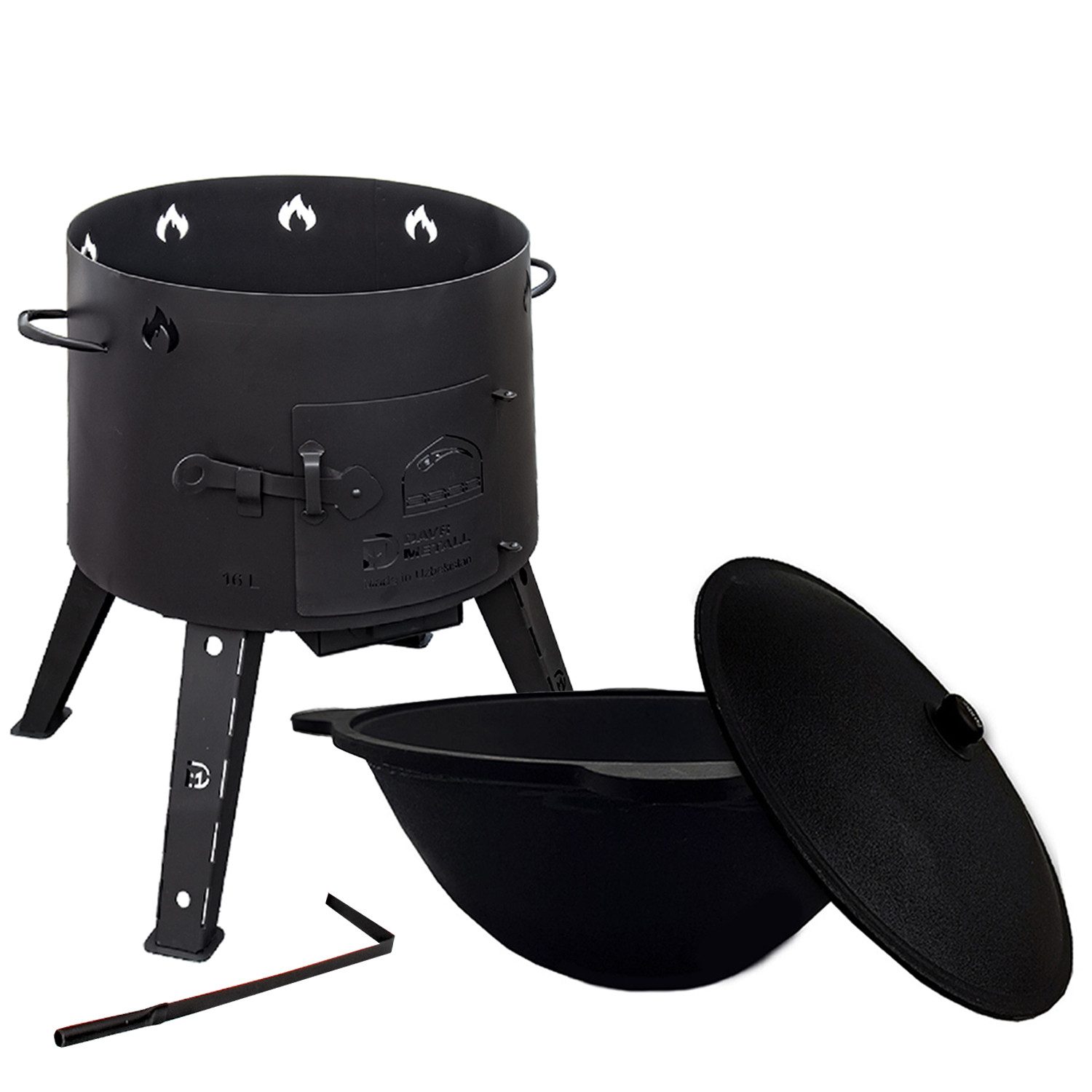 Grillpeter Holzkohlegrill Utschak mit Kazan 16 L Set Kasan aus Gusseisen Schüreisen