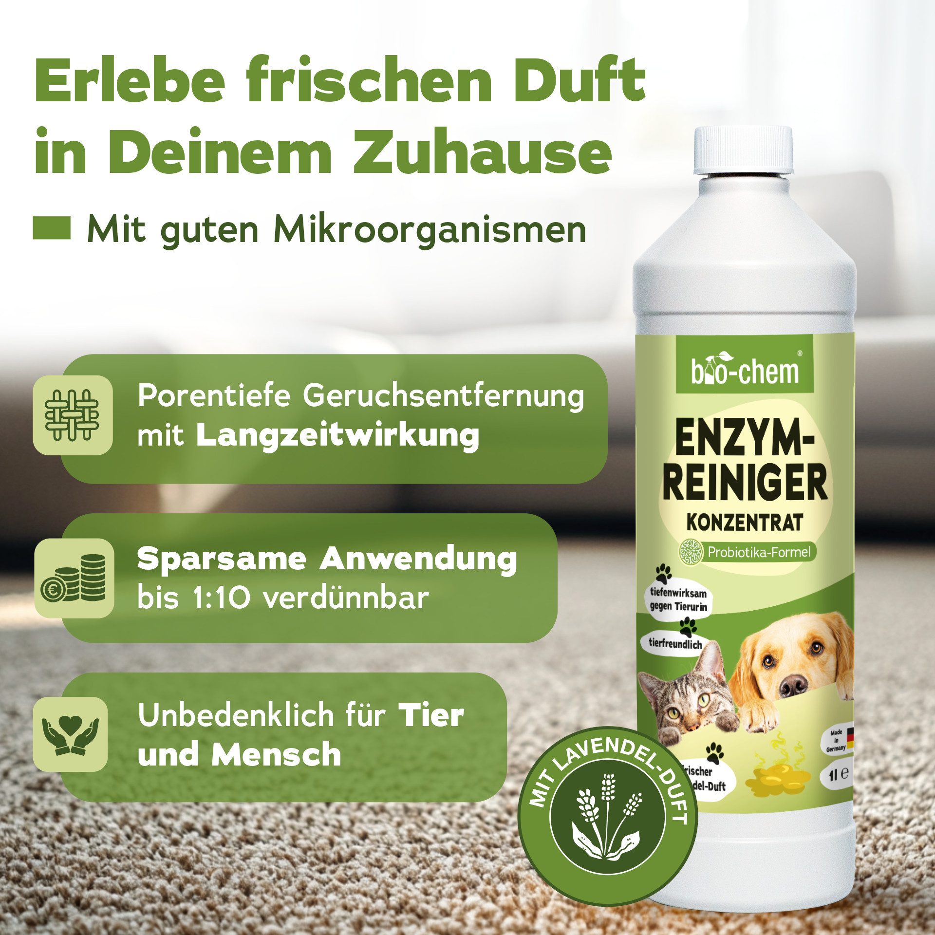 bio-chem Geruchsentferner Enzymreiniger 1 L Geruchsentferner gegen Urin, Katzen & Hundeurin (Sparpaket, Enzymreiniger Konzentrat 1 L + 0.5 l Handspray-Mischflasche), Probiotisch & tiefenwirksam gegen Tiergeruch