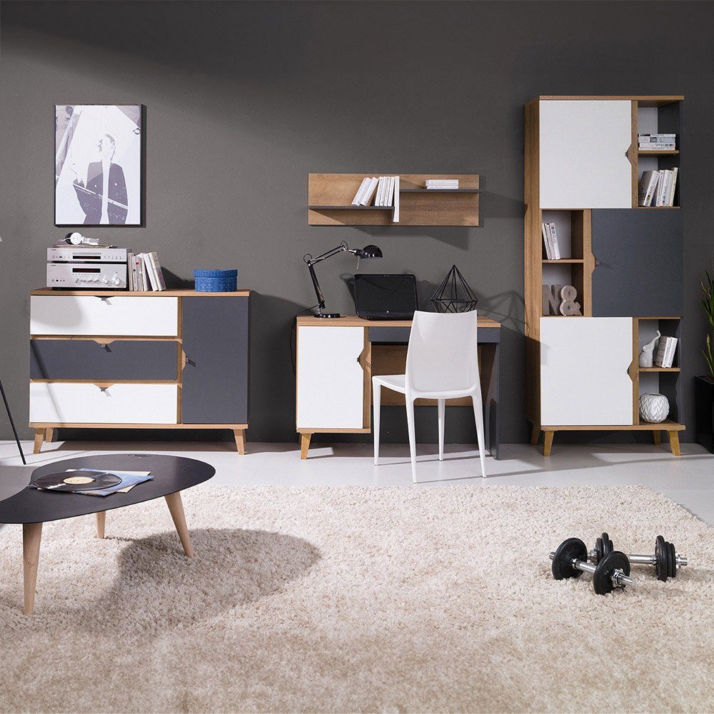 Lomadox Jugendzimmer-Set MARIBOR-132, (Sparset, 4-tlg), Kommode Schreibtisch Wandboard Bücherregal Eiche weiß graphit
