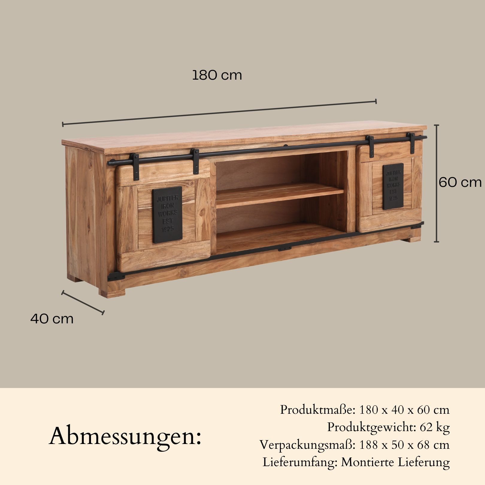Marrakesch Orient & Mediterran Interior Lowboard Industrial TV-Lowboard ABCDE edel aus Akazienholz Möbel massiv 180 cm (1 St), Handarbeit
