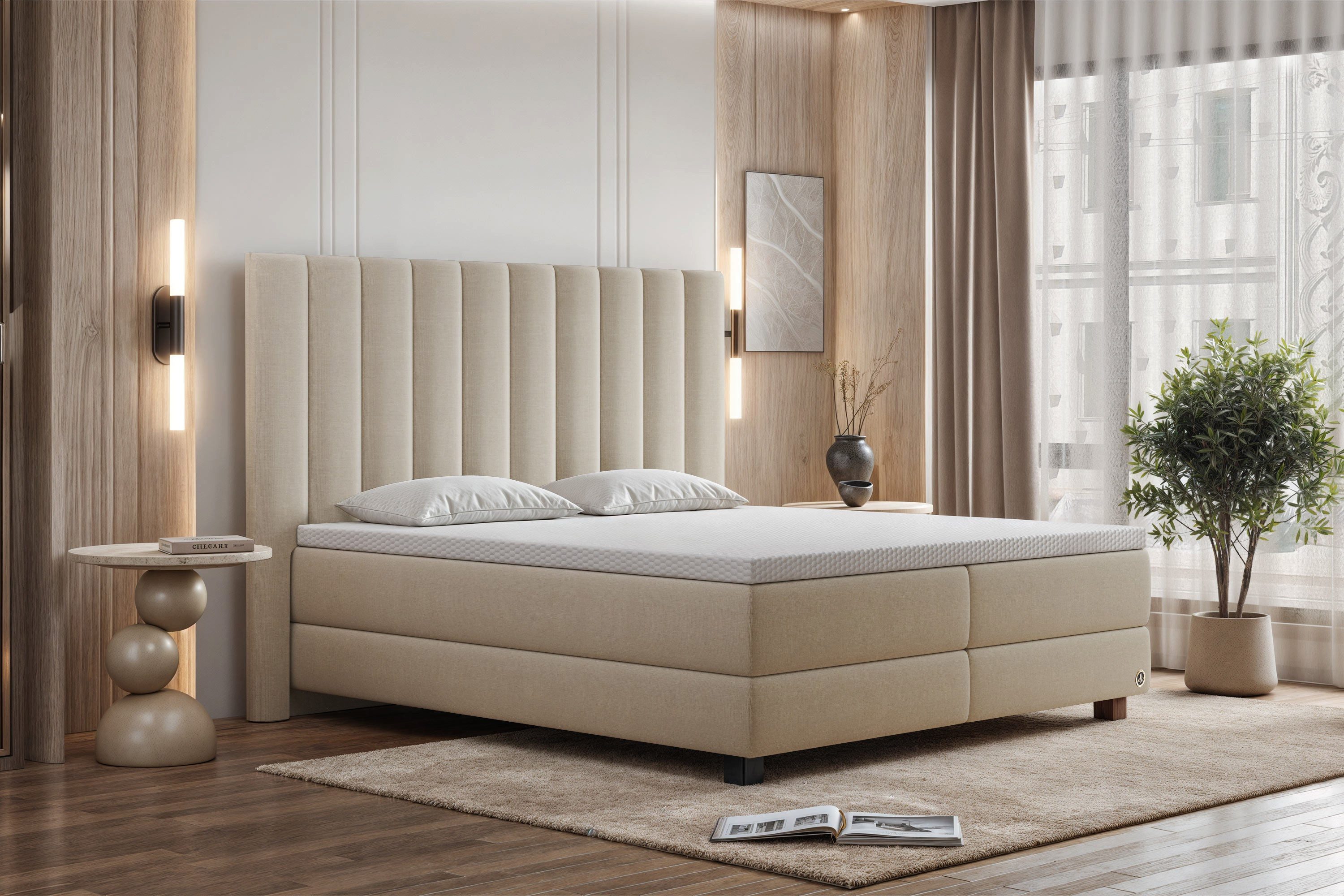 Di-Lara Boxspringbett Hera 140x200 cm (Creme, Taschenfederkern-Wendematratze H3/H4), mit Matratze(n) und Topper