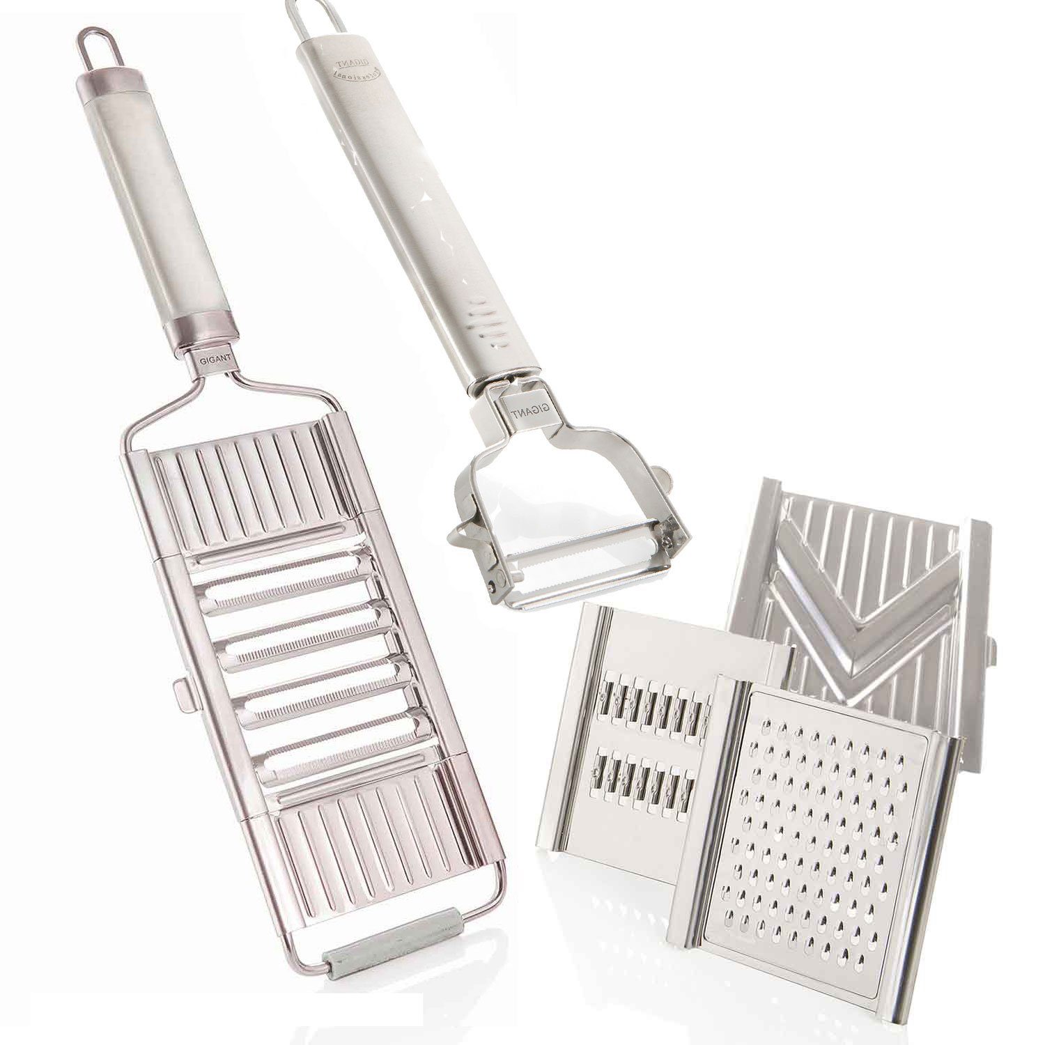 Muxel Gemüsehobel Gigant 4-fach Gemüsehobel mit 3 zusätzlichen Einsätzen und Sparschäler, Edelstahl, (Hobelset, 9-St., 4-fach Hobel mit 5 zusätzlichen Reibe- und Schneideeinsätzen), Zackenklinge schneidet in beide Richtungen