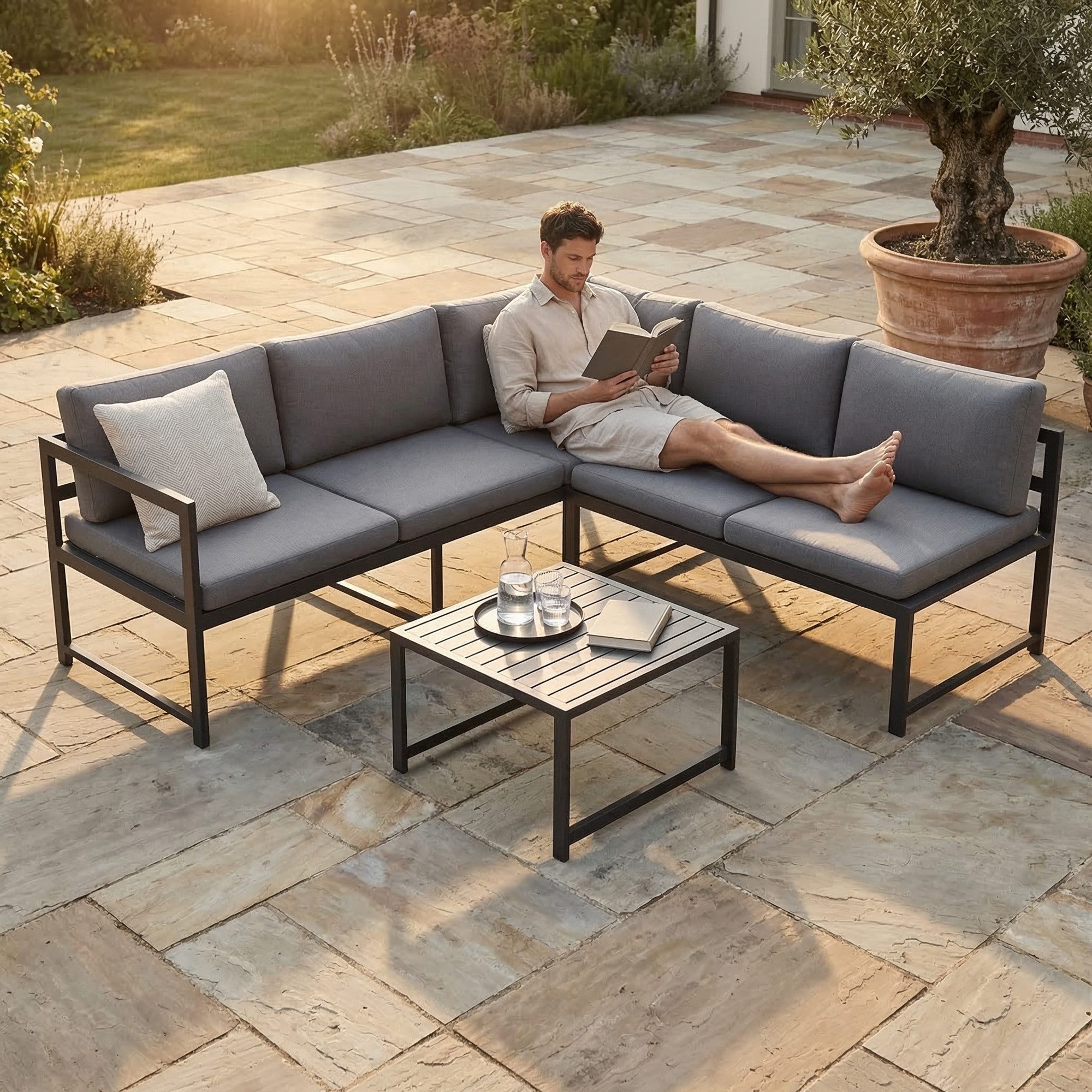 Mucola Gartenlounge-Set Ecksofa Aluminium mit Liegefunktion & Loungetisch wetterfest, (Gartenlounge-Set, 3-tlg., 3-teiliges Gartenlounge-Set), verstellbare Sitz – Bild 4 von 5