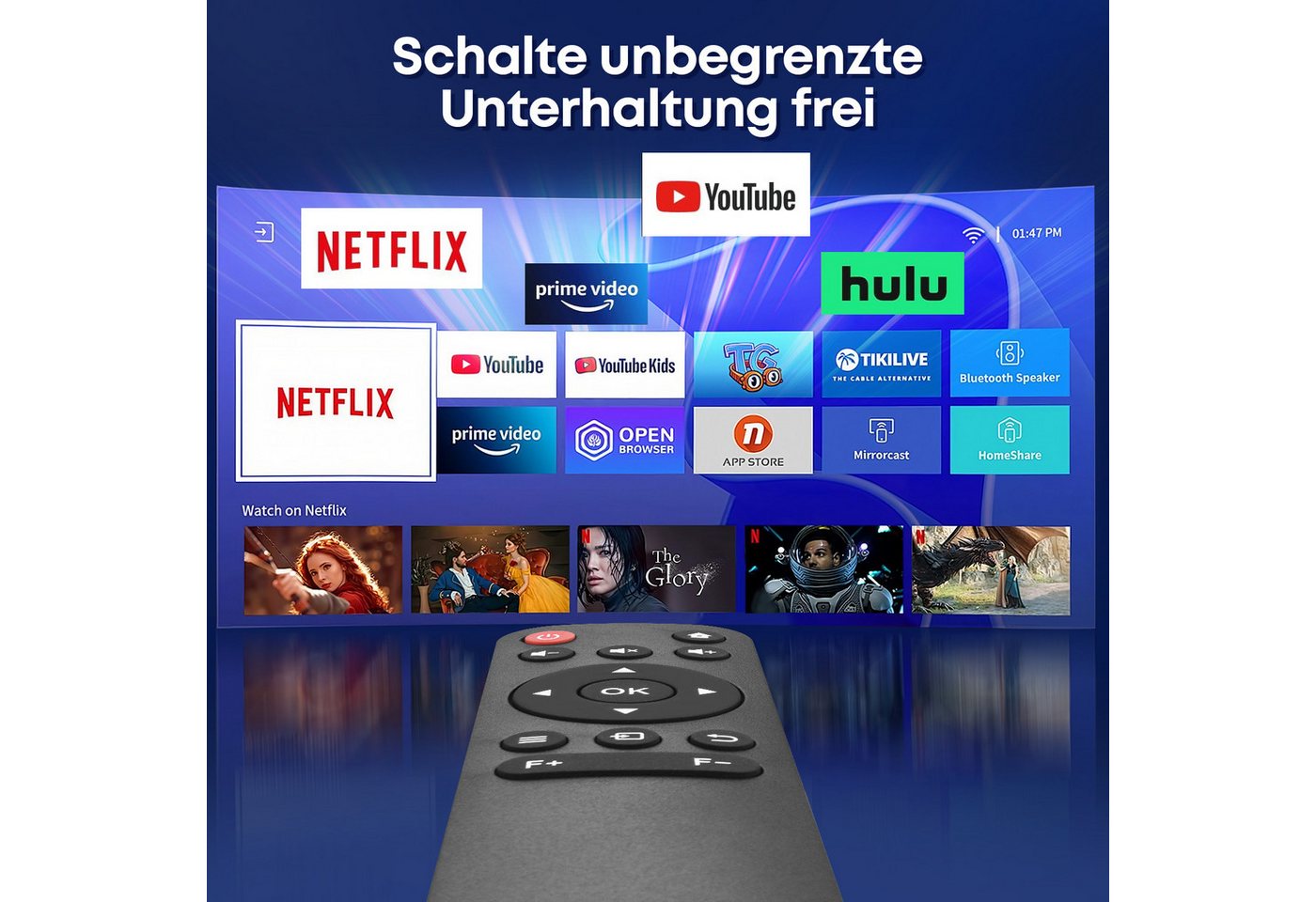 CkeyiN LCD-Beamer 4K 1080P Projektor unterstützt Netflix Youtube LCD-Beamer (12000 lm, 1280×720 px, Autofokus Beamer Augenschonender Projektor Wifi 2,4G 5G Android 11) schwarz