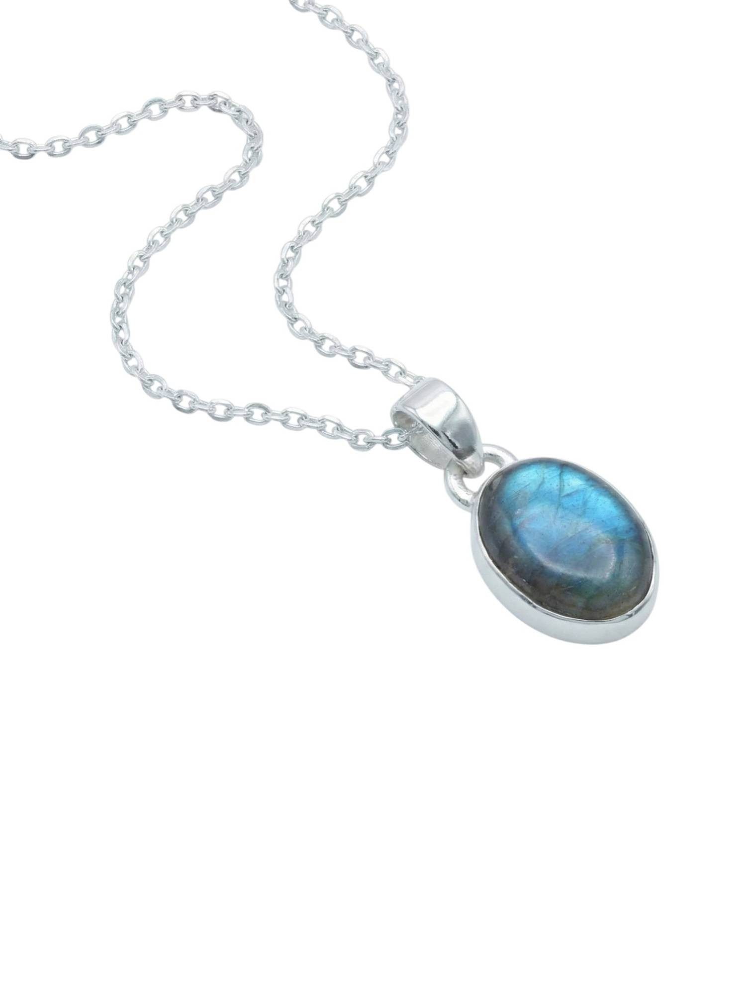 mantraroma Kette mit Anhänger SAMA oval aus 925 Silber mit Labradorit (Kettenanhänger uns Kette), 925 Sterling Silber Ketten mit Kettenanhänger für Damen