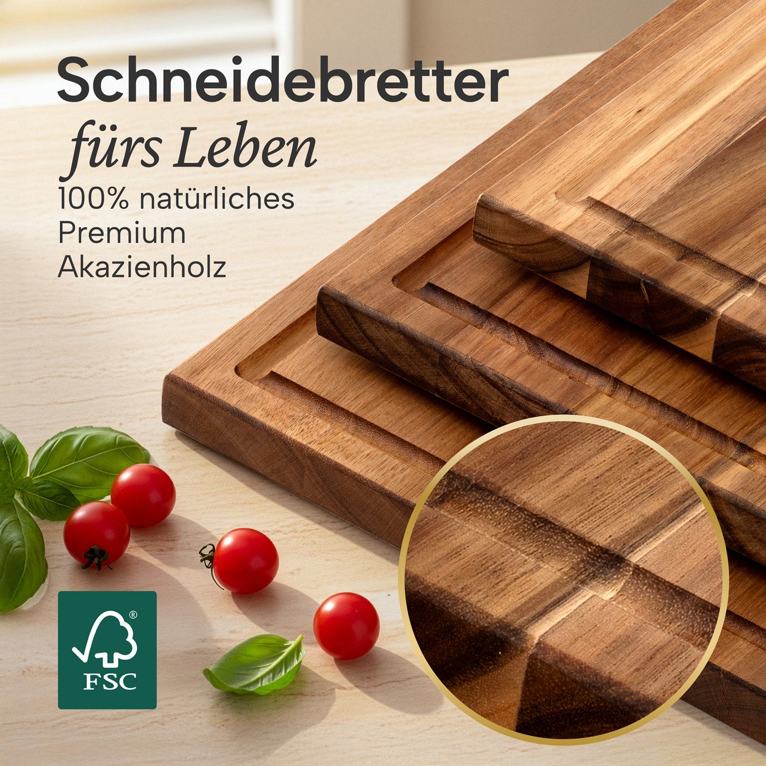 Blumtal Schneidebrett Holz 3er Set - massives Akazienholz Brett Set, (26x18/33x24/40x30 cm) mit Brettständer & Sanftrillemit
