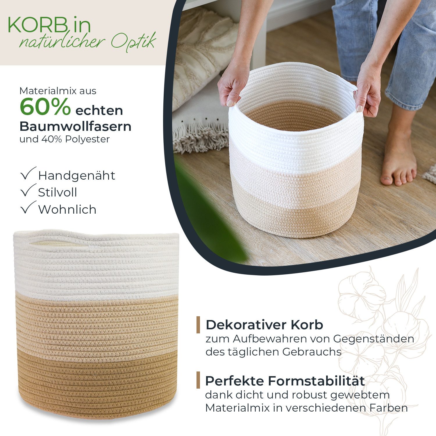 HMF Aufbewahrungskorb Aufbewahrungskorb passend für KALLAX Regal, runder Korb mit versteckten Griffen, 31 x 31 cm, Weiß-Braun – Bild 3 von 5