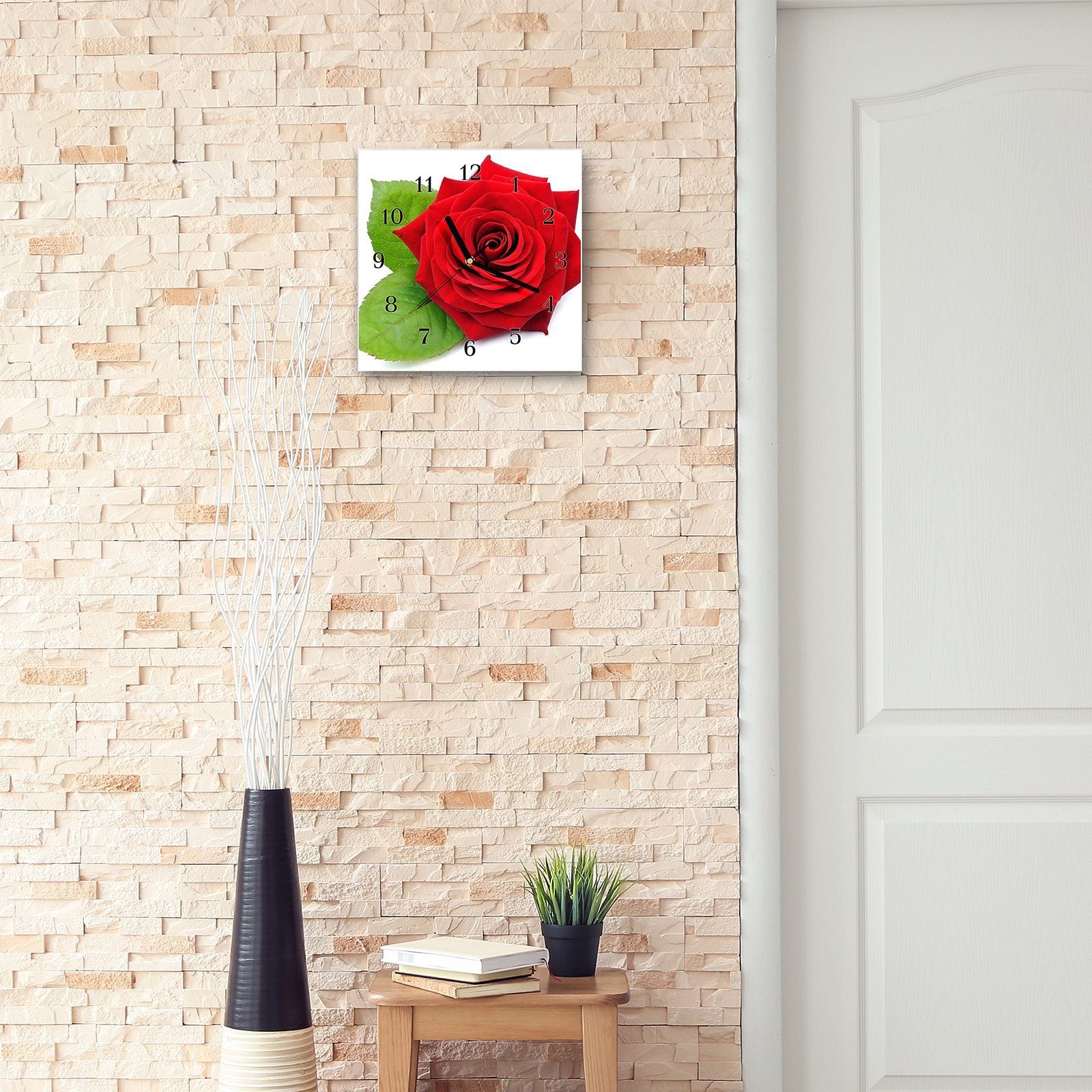 Primedeco Wanduhr Glasuhr Größe mit Rote Wandkunst Motiv Wanduhr cm 30 Rose x 30