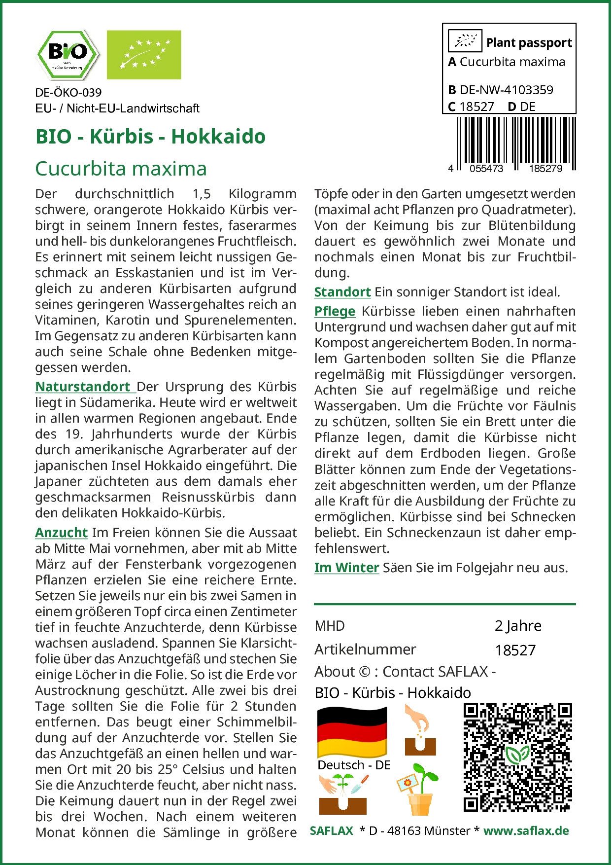 SAFLAX Gemüsesamen SAFLAX - Samen - BIO - Kürbis - Hokkaido günstig online kaufen