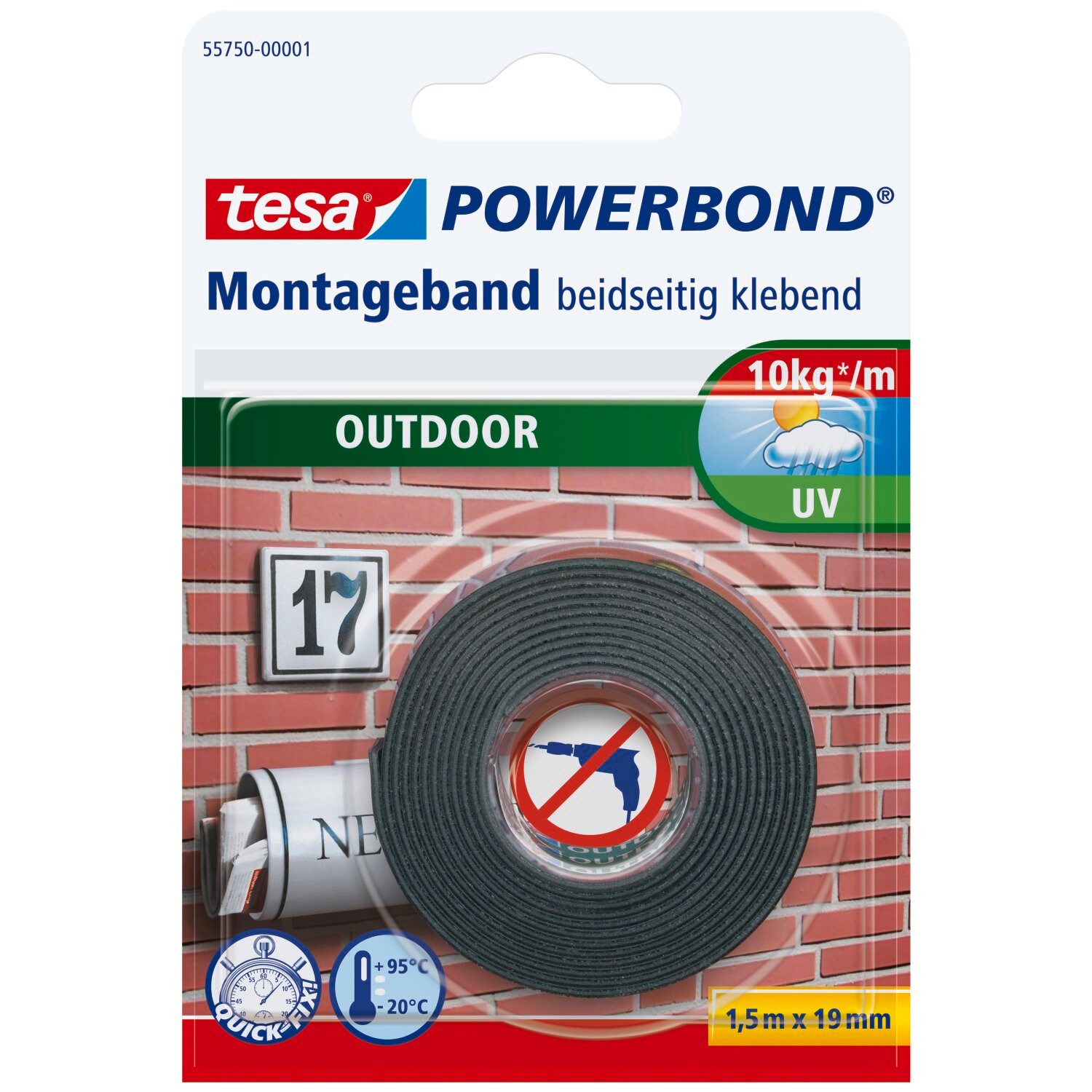 tesa Doppelklebeband POWERBOND Outdoor Doppelseitiges Klebeband (Packung, 1-St) für draussen - 1,5 m : 19 mm