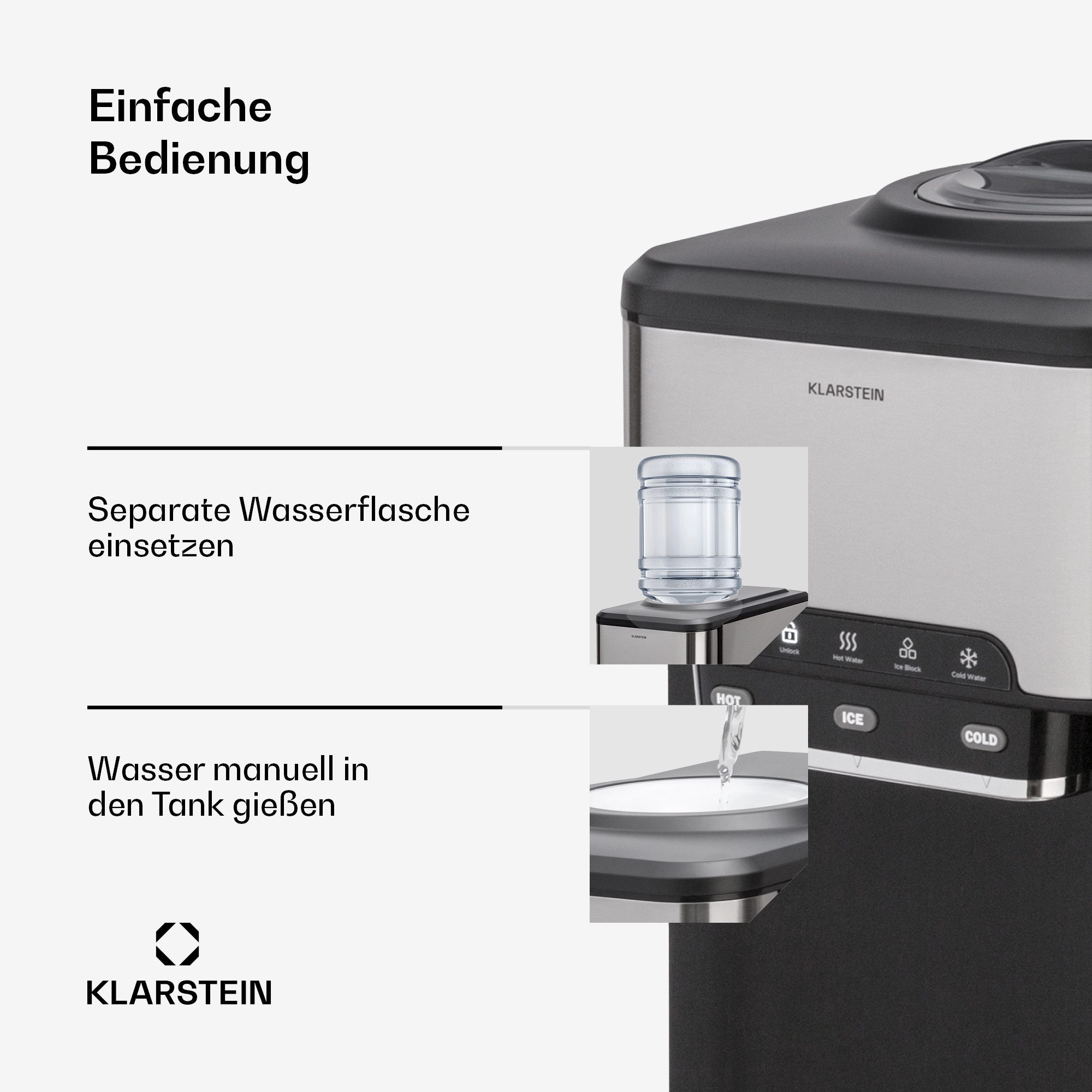 Klarstein Eiswürfelmaschine Aqueous Eiswürfelmaschine 3-in-1 20 kg/24h Eis+Eiswasser+Heißwasser 3L, Eiswürfelbereiter Ice Cube Maker mit Wasserspender & Eisscha – Bild 4 von 5