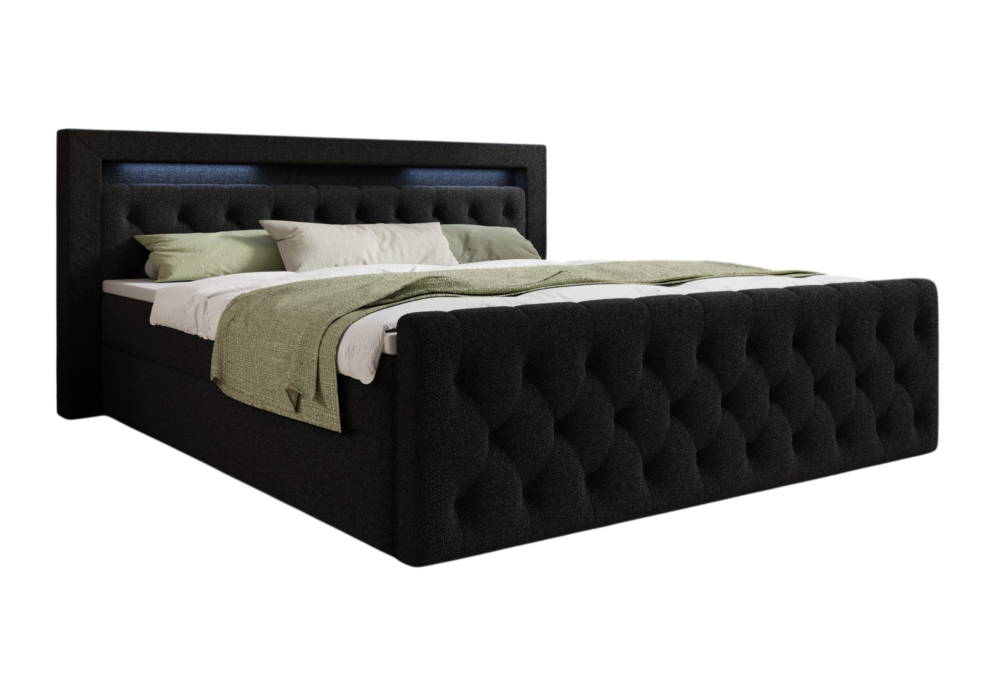 thematys Boxbett LED mit Bettkasten 140x200–200x200 cm – Velours oder Bouclé Bezug – (Polsterbett Bonnellfederkern Matratze H3 + Gratis 3cm Topper, Boxbett - Luxus Doppelbett mit Stauraum und LED)
