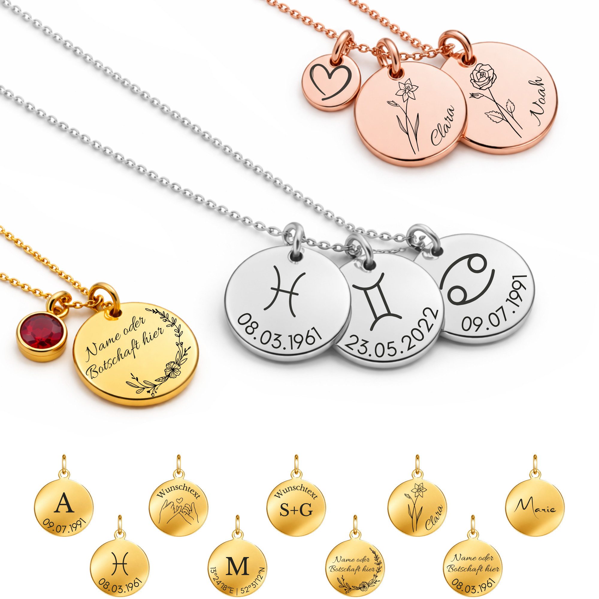 BS Schmuckdesign Kette mit Anhänger mit Gravur Personalisierte Halskette Damen mit Gravur und Symbolen Namenskette (inkl. Gravur & Schmuckbox)
